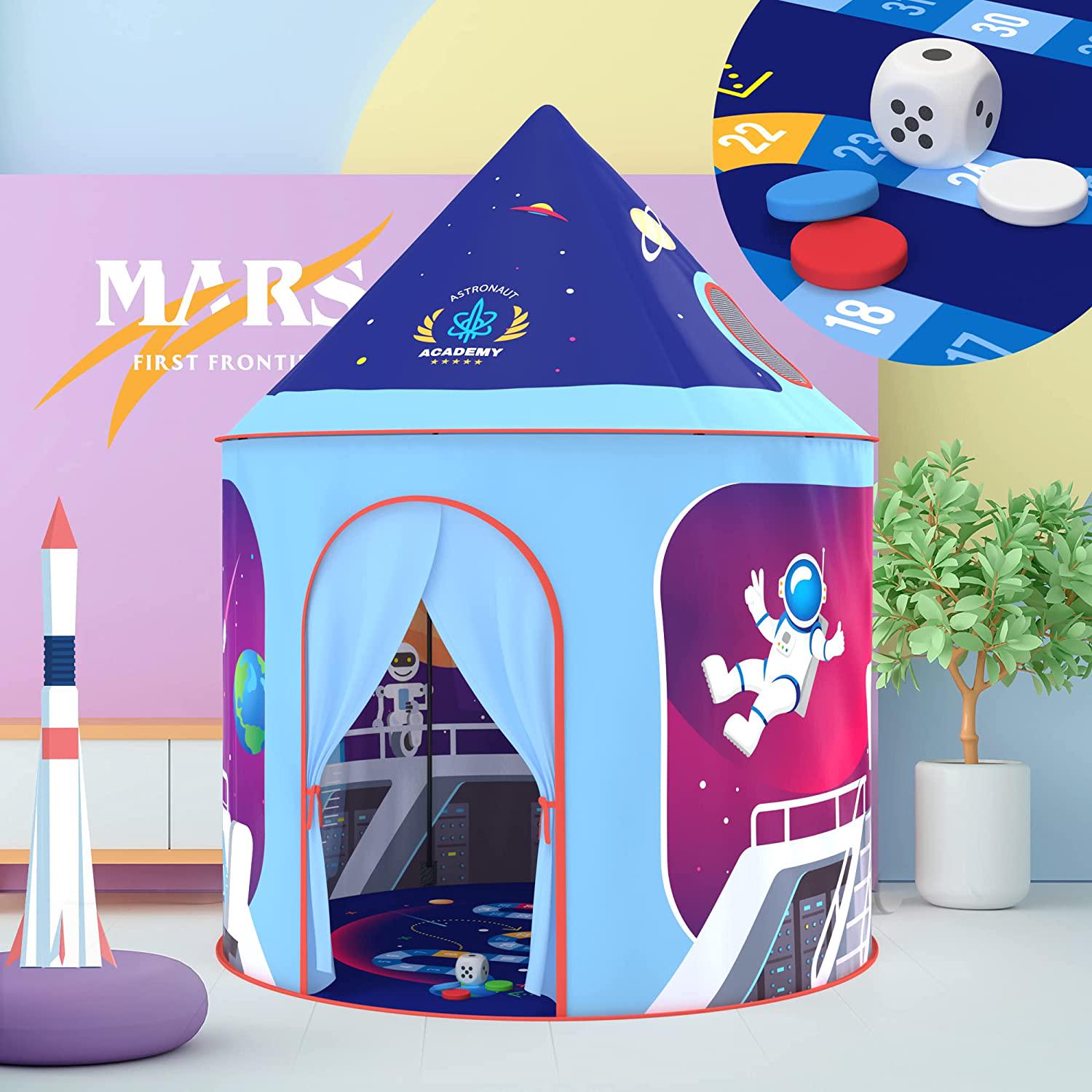 KIDFUL, KIDFUL Space Mission Kids Tent + Board Game Inside, Mission to Mars Rocket Play Tent for Boys with Planets, Stars, Robots, and Cockpit