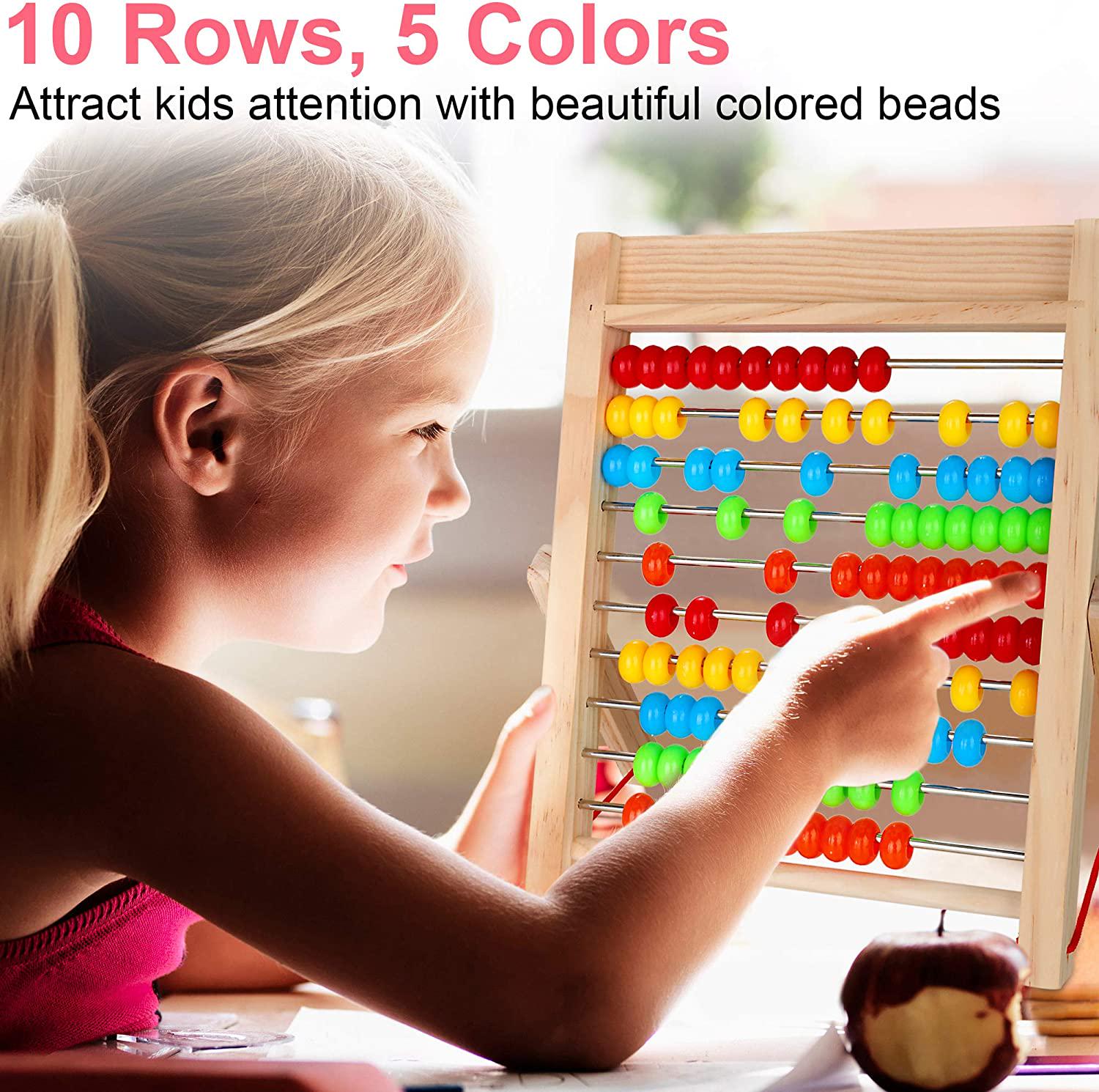 KIDWILL, KIDWILL Kids Learning Toy, 10-Row Wooden Frame Abacus with Multi-Color Beads, Counting Sticks, Number Alphabet Cards, Manipulative Math Calculating Tool Gift for 3+ Old Boys Girls