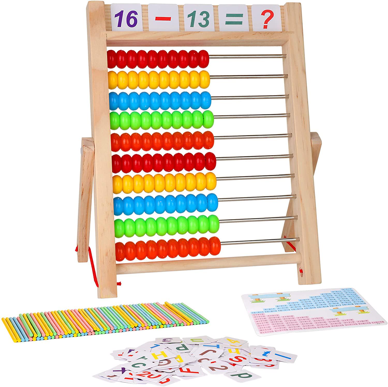 KIDWILL, KIDWILL Kids Learning Toy, 10-Row Wooden Frame Abacus with Multi-Color Beads, Counting Sticks, Number Alphabet Cards, Manipulative Math Calculating Tool Gift for 3+ Old Boys Girls