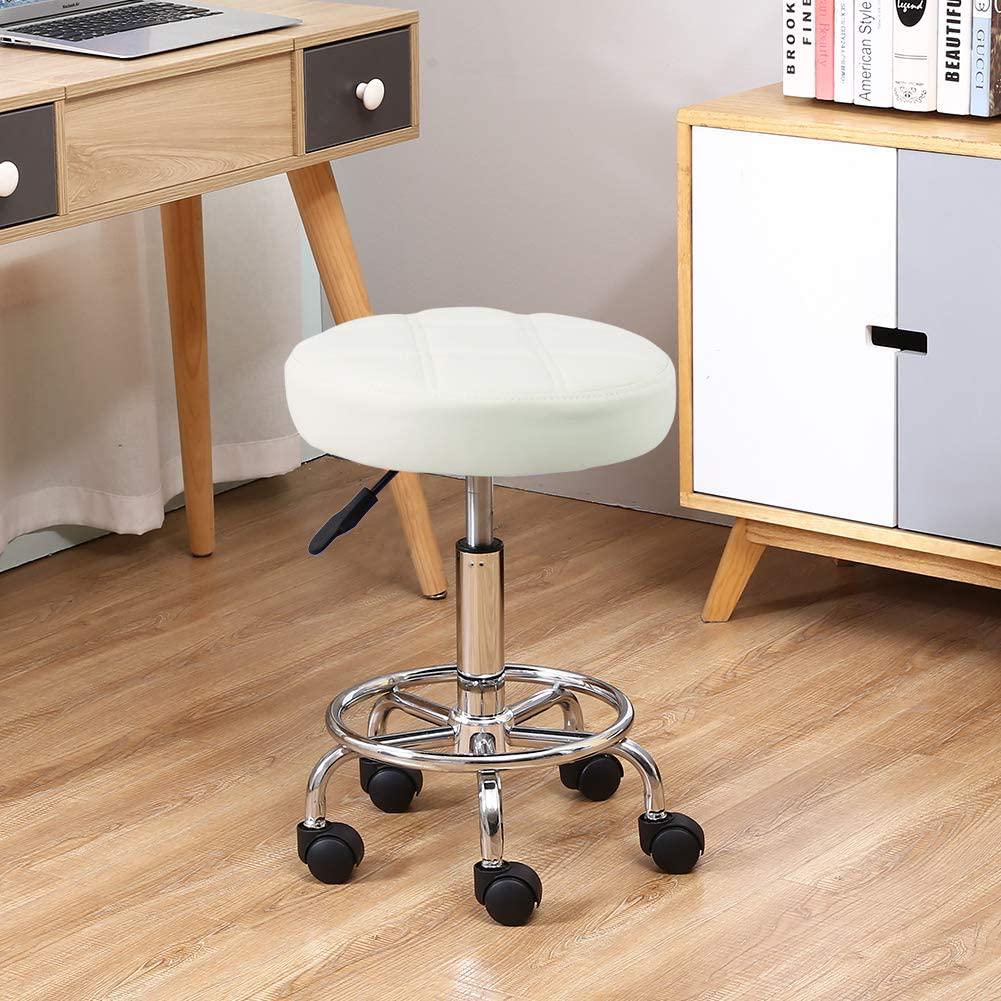 KKTONER, KKTONER Round Rolling Stool Chair PU Leather Height Adjustable Swivel Drafting Work SPA Shop Medical Salon Stools with Wheels Office Chair Small (White)
