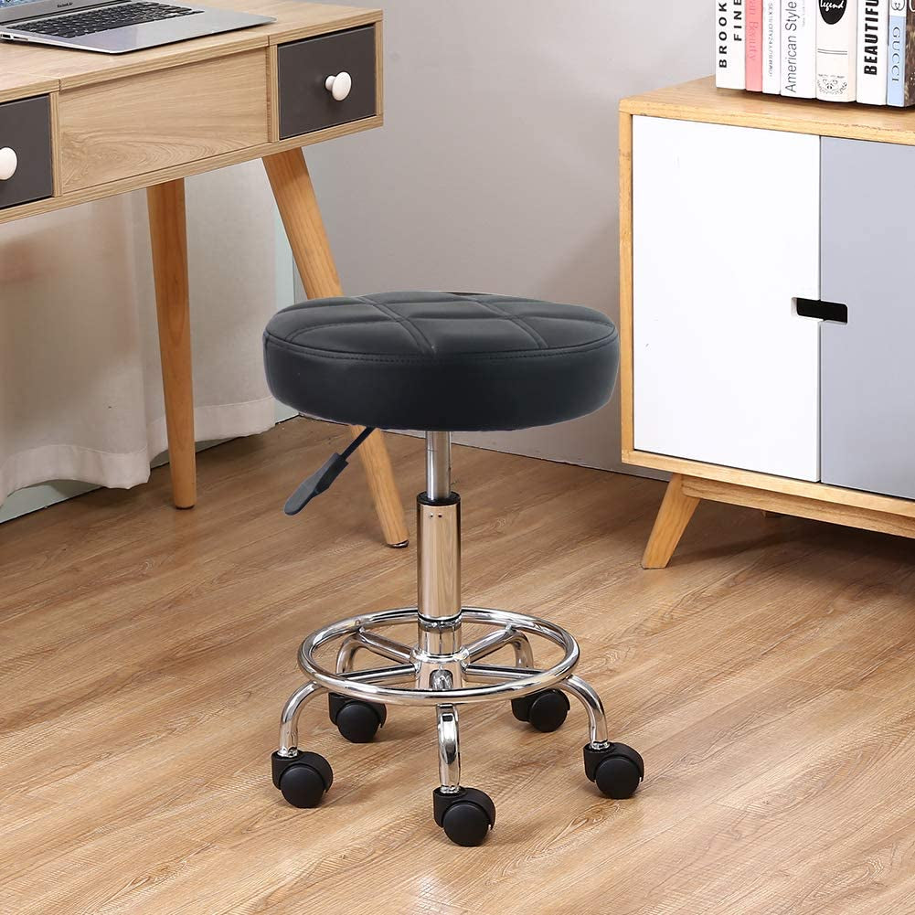 KKTONER, KKTONER round Rolling Stool Chair PU Leather Height Adjustable Swivel Drafting Work SPA Shop Medical Salon Stools with Wheels Office Chair Small (Black)