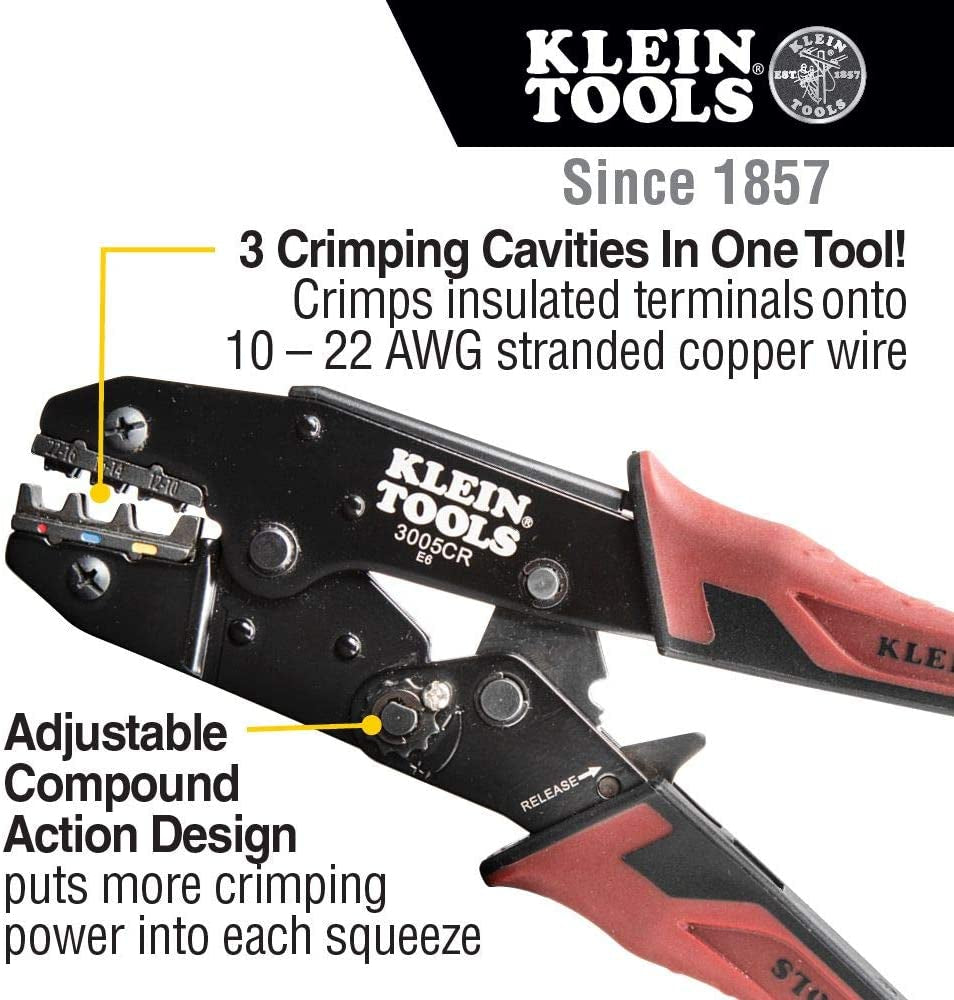 KLEIN TOOLS, KLEIN TOOLS 3005CR Ratcheting Crimper, 10-22 AWG - Insulated Terminals