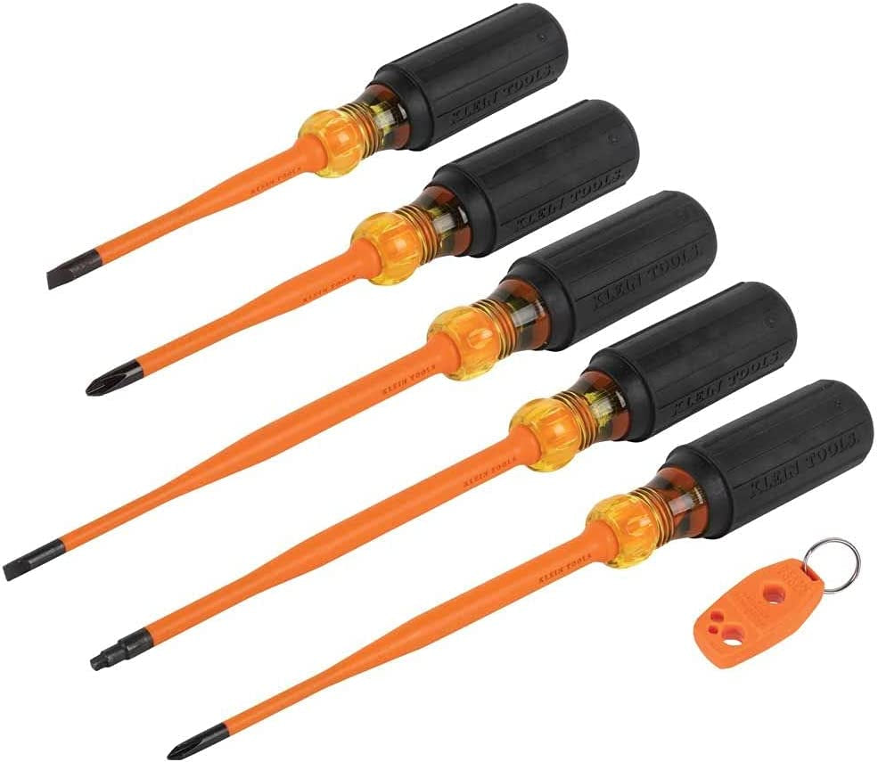 KLEIN TOOLS, KLEIN TOOLS 33736INS Klein Tools 33736INS Insulated Screwdriver Set, 1000V Slim-Tip Driver with Phillips, Cabinet and Square Bits and a Magnetizer, 6-Piece