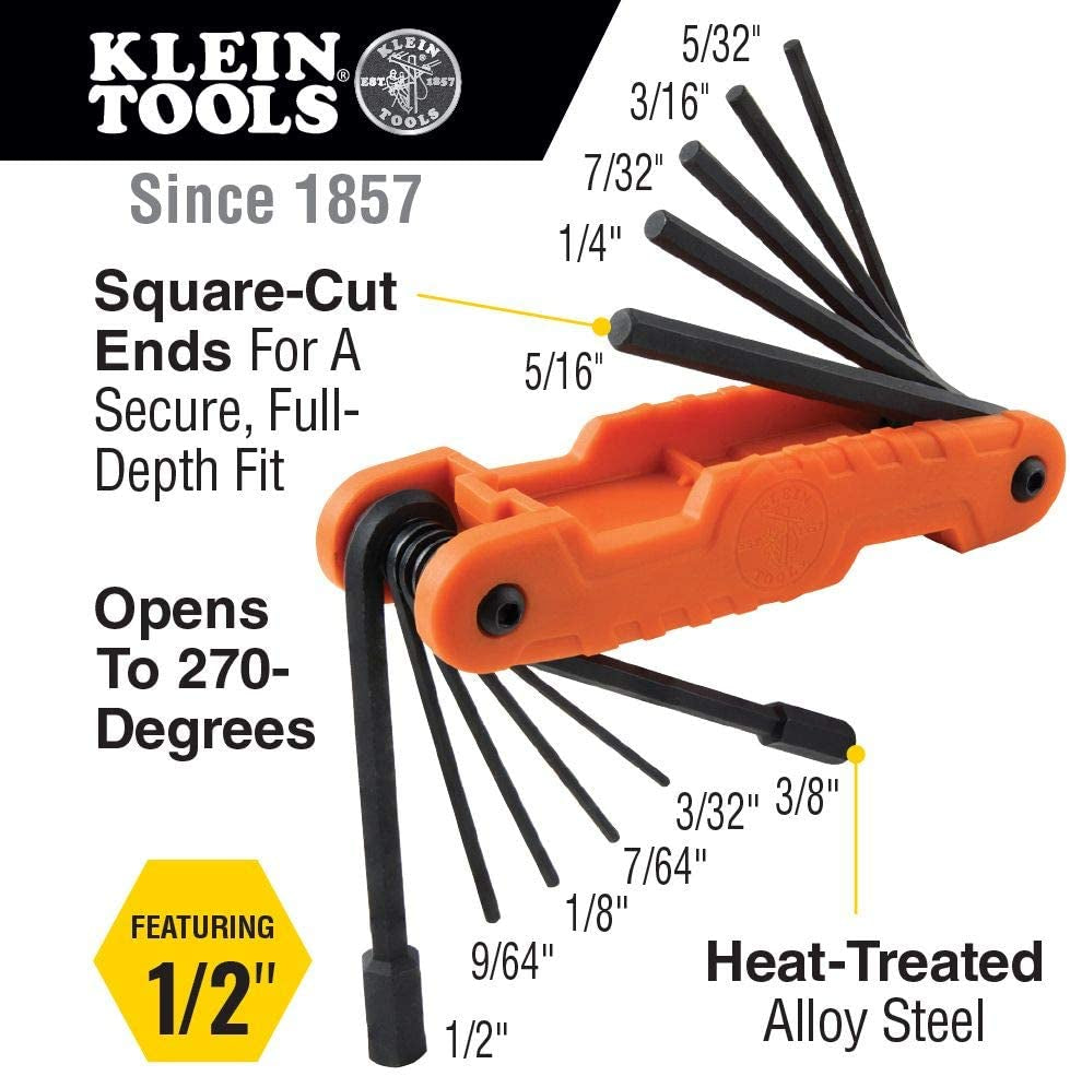 KLEIN TOOLS, KLEIN TOOLS 70550 Pro Folding Hex Key Set, 11 Fractional Inch-Sized Keys