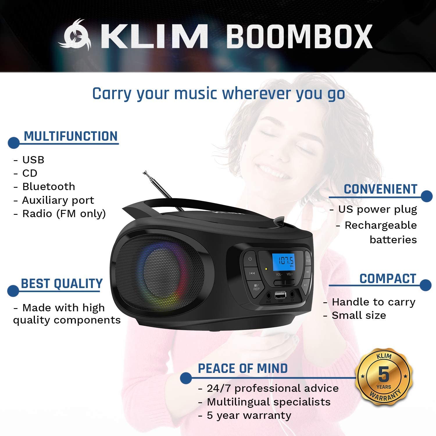 KLIM, KLIM CD Boombox Portable Audio, FM Radio, Rechargeable Battery, Bluetooth, MP3 and AUX. Equipped with Super Bass Neodymium Speakers, [2022 Release] Upgraded CD Laser Lens.