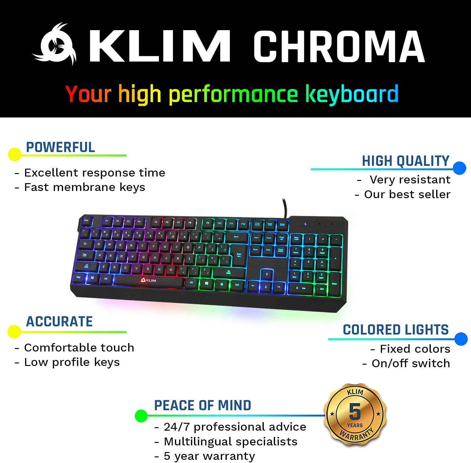 KLIM, KLIM Chroma Gaming Keyboard QWERTY US Wired USB - High Performance - New Version - Chromatic Lighting Gaming Black RGB PC PS4 Windows Mac