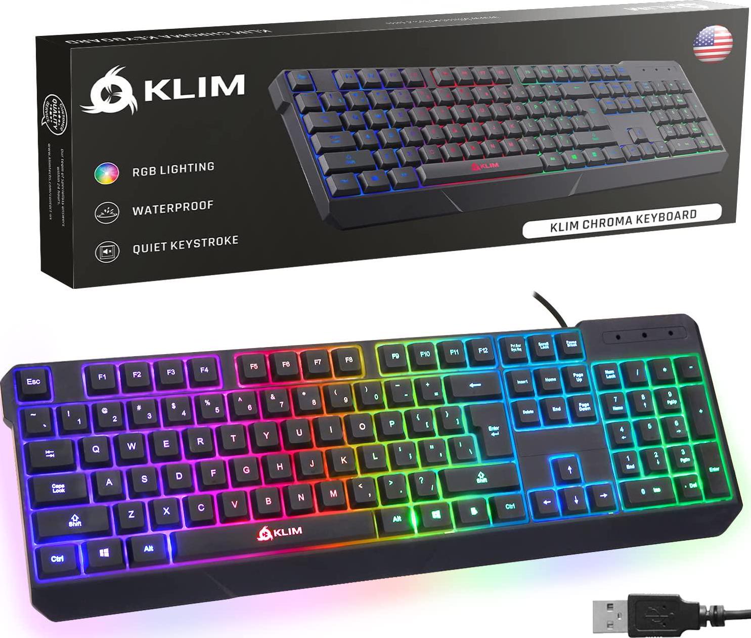 KLIM, KLIM Chroma Gaming Keyboard QWERTY US Wired USB - High Performance - New Version - Chromatic Lighting Gaming Black RGB PC PS4 Windows Mac
