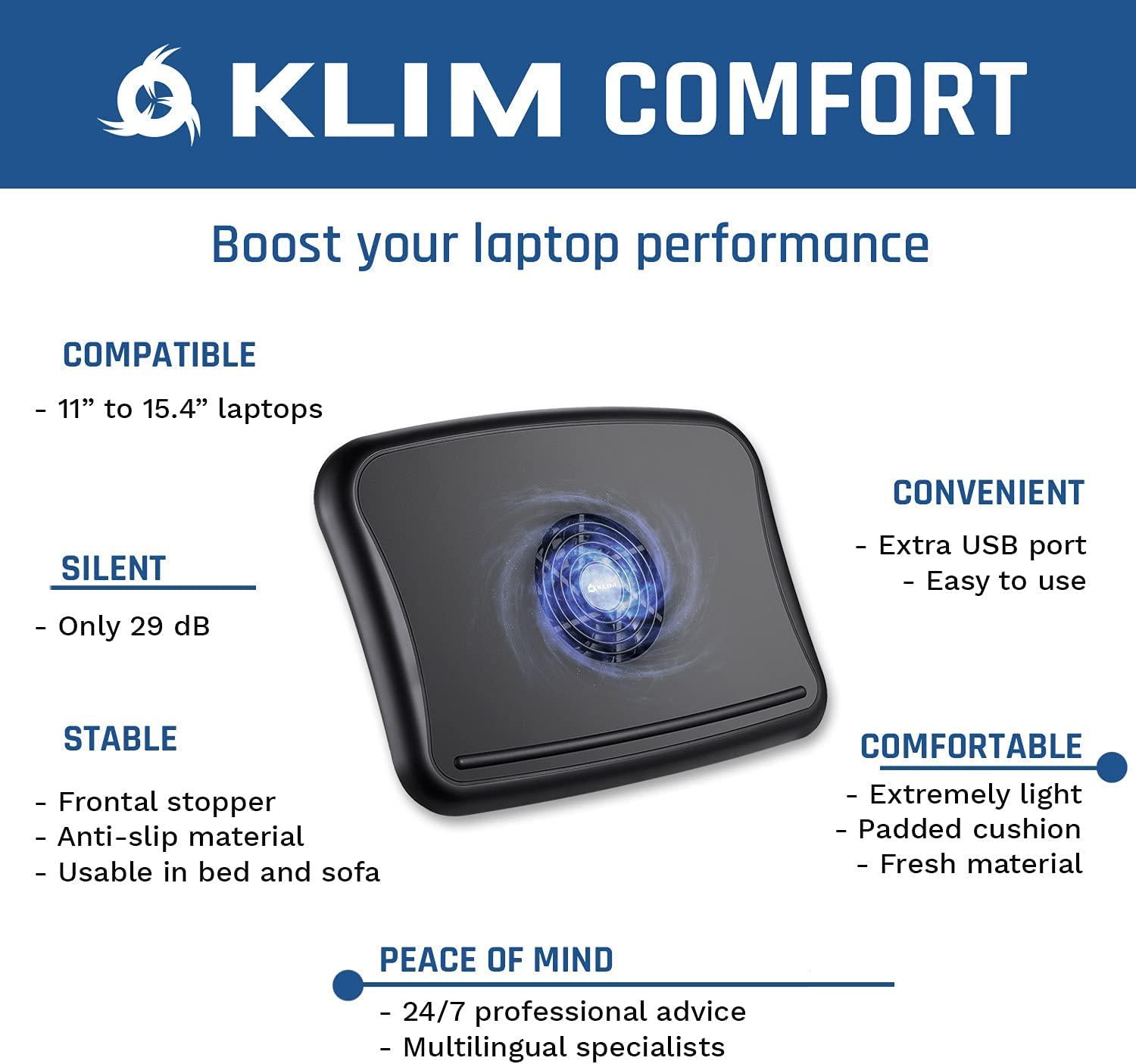 KLIM, KLIM Comfort + Laptop Cooling Pad + NEW VERSION + Protect yourself and your laptop from overheating + High Comfort Silent Laptop Cooler 10 - 15.6 + Stable on Your Laps + Laptop Cooling Tray with Fan