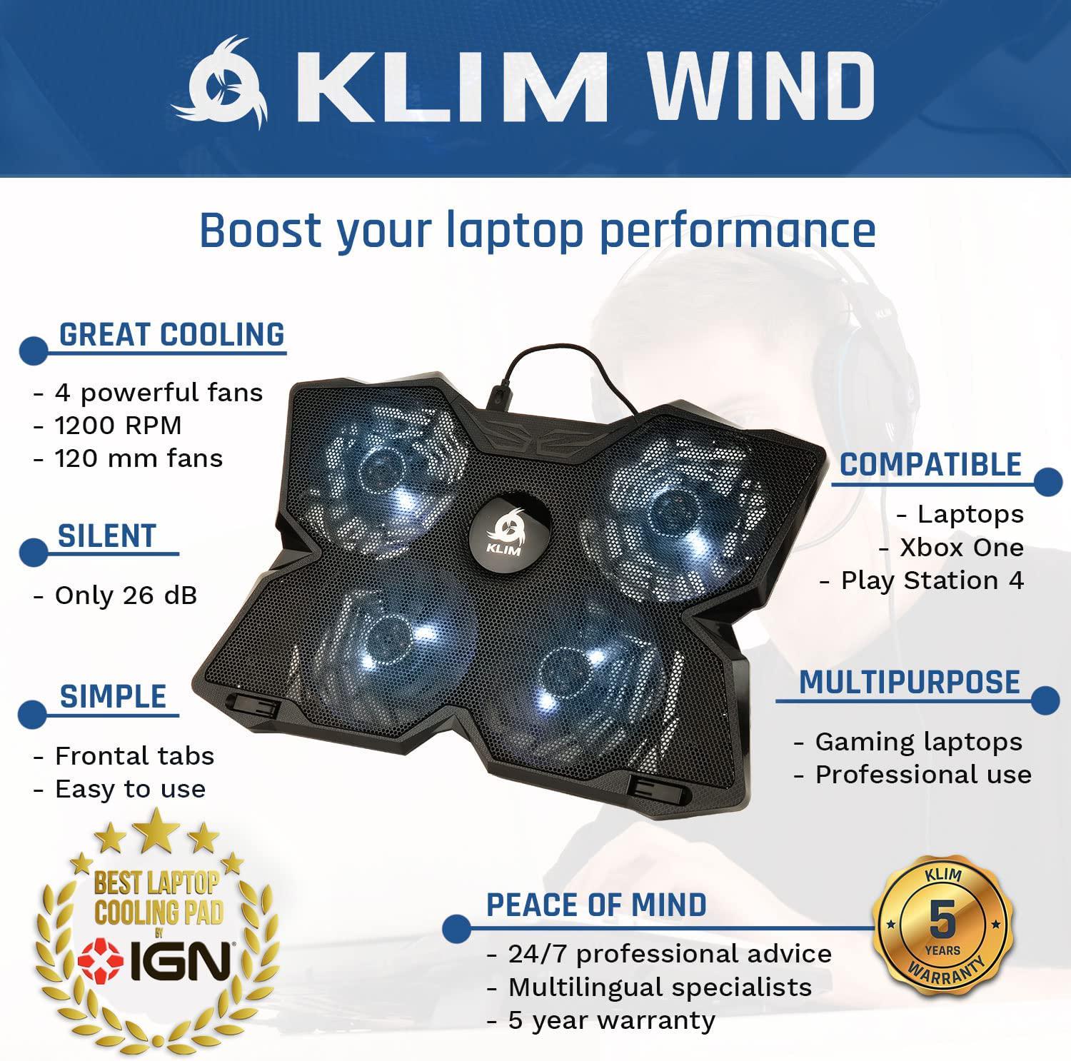 KLIM, KLIM Wind - Laptop Cooling Pad - The Most Powerful Rapid Action Cooling Fan - PS5, PS4 and Laptop Stand with 4 Cooling Fans at 1200 RPM - USB Fan - Compatible with All Size - New 2022 Version - White
