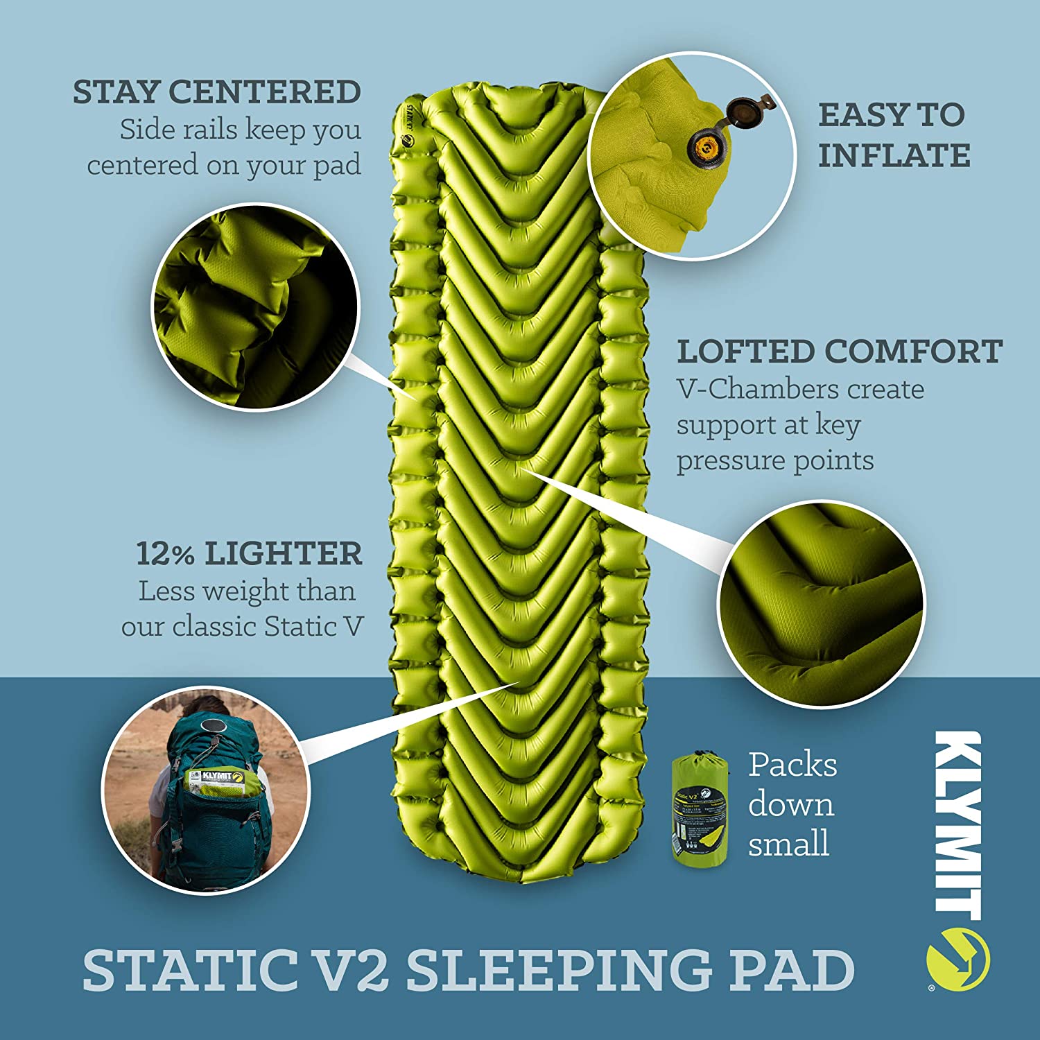 Klymit, KLYMIT Static V2 Sleeping Pad, Ultralight, (12% Lighter), Great for Camping, Hiking, Travel and Backpacking