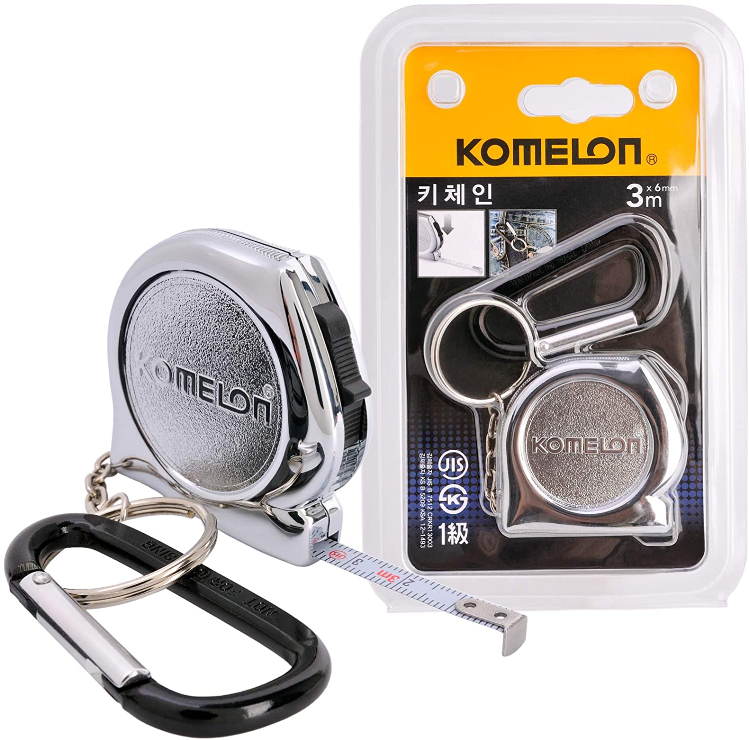 Komelon, KOMELON KMC-74K Pro Easy Chrome Case Tape Measure 3m x 6mm Metric Rulers Key Chain Key-Ring with Carabiner Clip Accessory