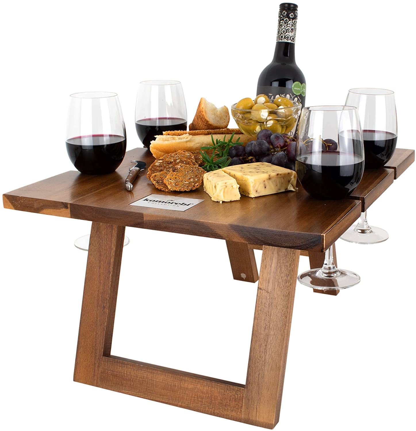 Komorebi, KOMOREBI Portable Folding Wine and Champagne Picnic Table - Lightweight Custom Acacia Wood Table - Foldable Legs, Food-Safe Top, Bottle & Glass Holders - Perfect for Camping, Beach, Outdoor Dinner