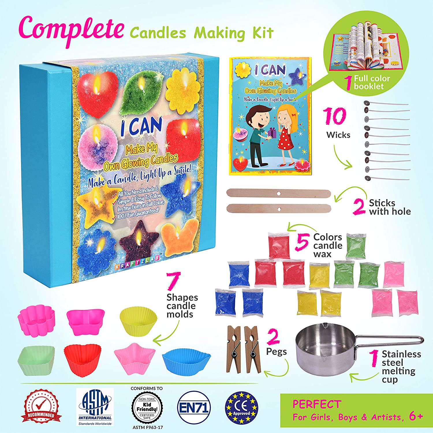 KRAFTZLAB, KRAFTZLAB Ultimate Candle Making Kit Supplies - Includes 5 Colors Candle Wax, 7 Candle Molds, 10 Wicks, 1 Melting Cup and More - Great DIY Starter Kit for Both Kids and Adults