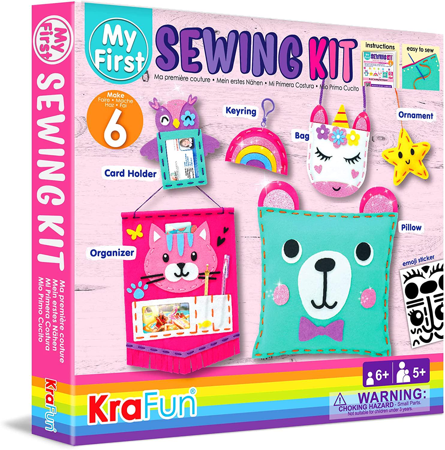 KRAFUN, KRAFUN Beginner My First Sewing Kit for Kids Art and Craft, Includes 6 Easy Projects Stitch Stuffed Animal Dolls and Plush Craft Pillow, Instruction and Felt Materials for Learn to Sew, Embroidery Skills