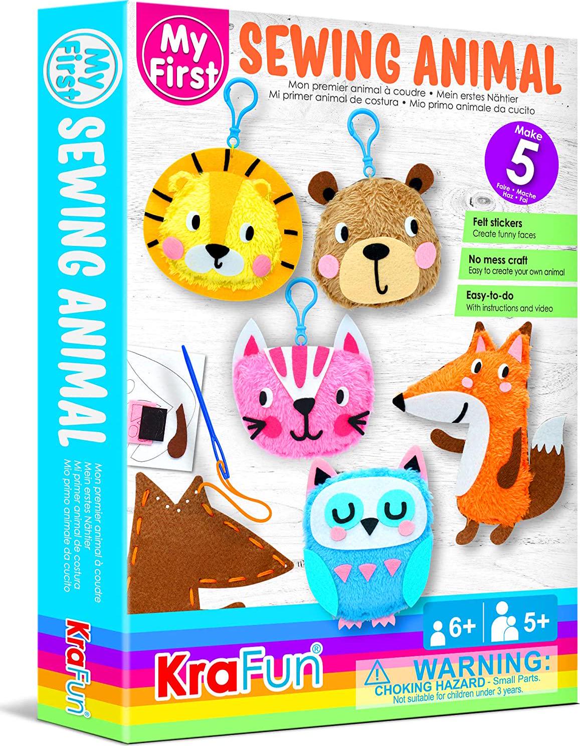 KRAFUN, KRAFUN My First Sewing Animal for Kids, Beginner Art and Craft, Includes 5 Easy Projects Stuffed Stitch Animal Dolls, Keyring Charms, Instructions and Felt Materials for Learn to Sew, Embroidery Skills