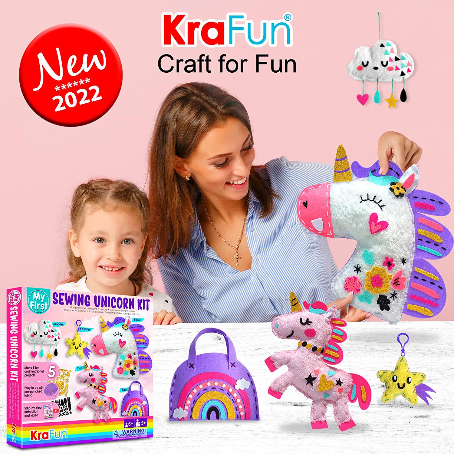 KRAFUN, KRAFUN My First Unicorn Kids Sewing kit, Beginner Arts and Crafts, Make 5 Cute Projects with Plush Stuffed Animal, Pillow, Mobile, Keyring and Bag, Instructions and Felt for Learn Sewing, Embroidery