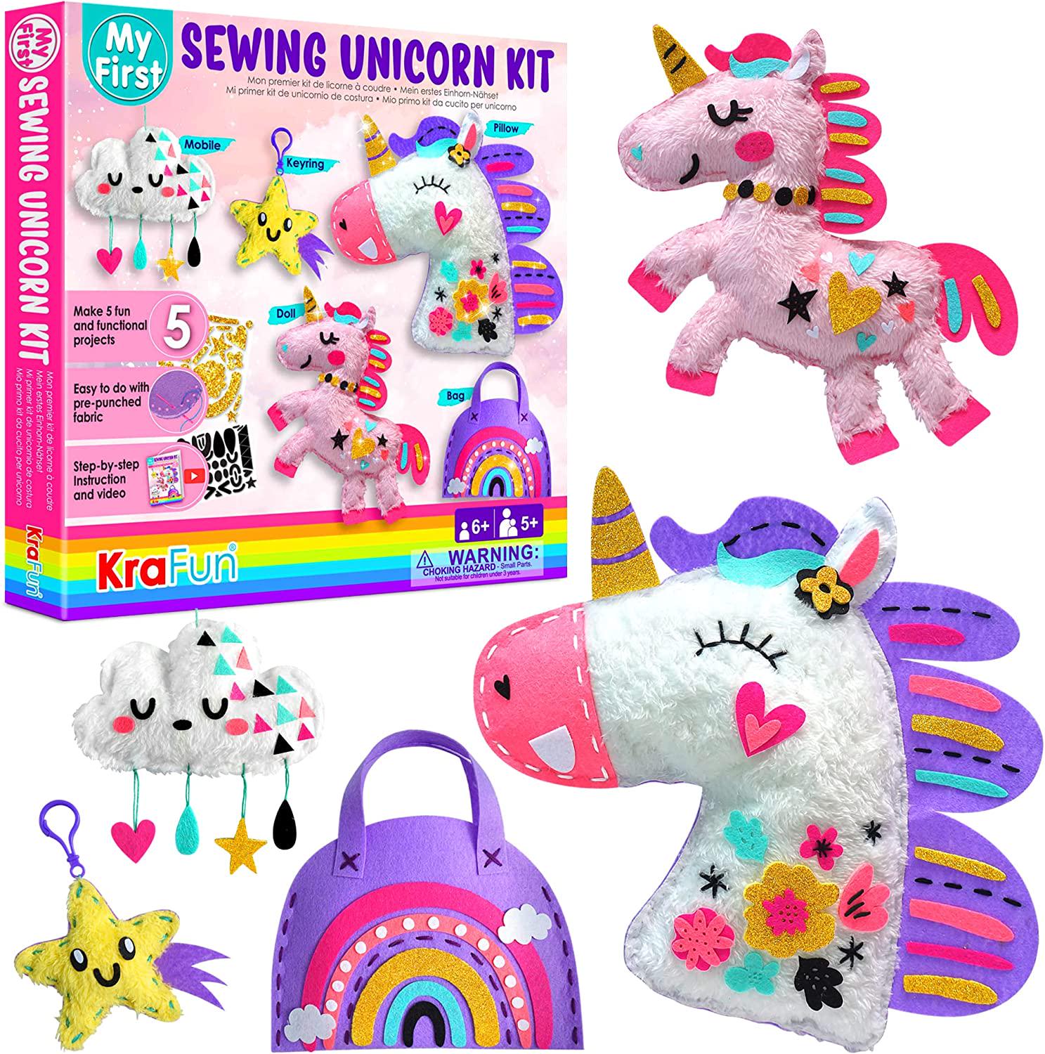 KRAFUN, KRAFUN My First Unicorn Kids Sewing kit, Beginner Arts and Crafts, Make 5 Cute Projects with Plush Stuffed Animal, Pillow, Mobile, Keyring and Bag, Instructions and Felt for Learn Sewing, Embroidery