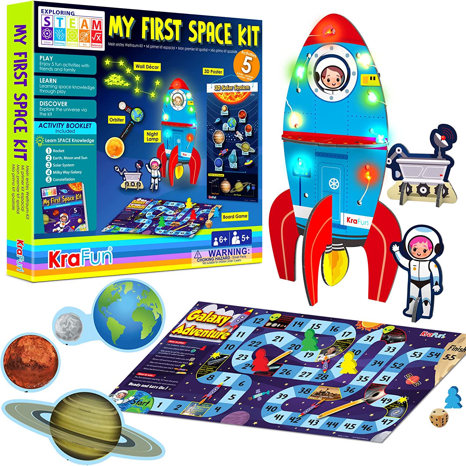 KRAFUN, KRAFUN Outer Space Exploration Kit for Kids, 5 Educational STEM Activities - Make DIY Rocket LED Lamp, Board Game, 3D Decor, Solar System Astronaut Gift for Boys, Girls Aged 5-10