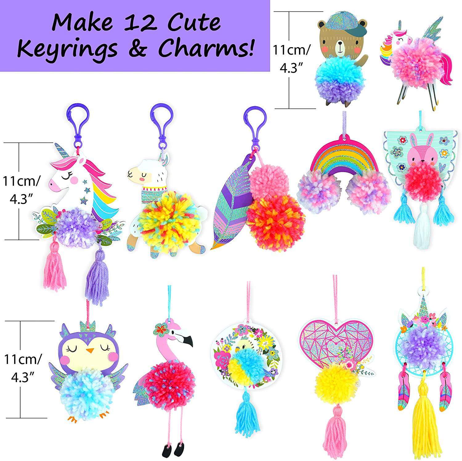 KRAFUN, KRAFUN Unicorn Pom Pom Character Animal Arts and Crafts Kit, Includes 12 Mini Pom Pets Keyrings and Charms, Instructions, Tools and Materials, Beginner Plush Project for Boys and Girls
