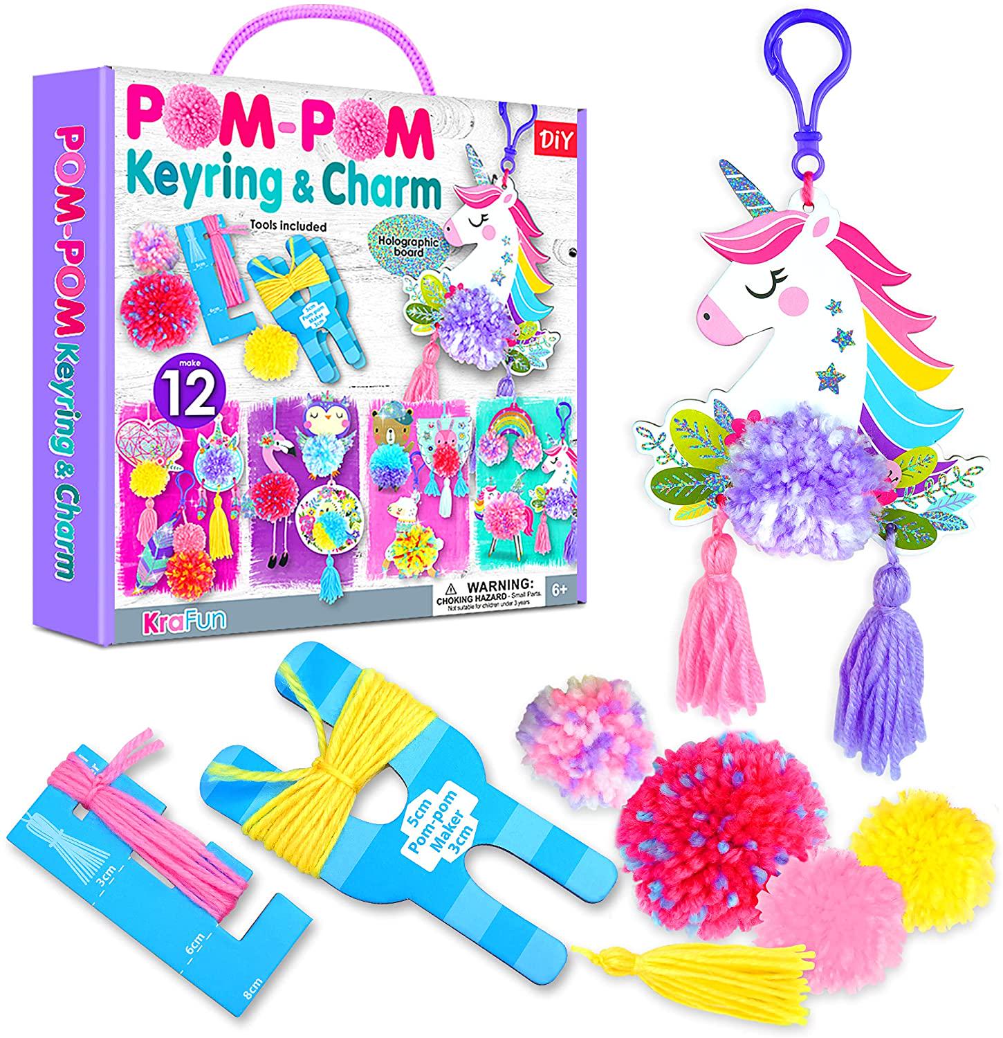 KRAFUN, KRAFUN Unicorn Pom Pom Character Animal Arts and Crafts Kit, Includes 12 Mini Pom Pets Keyrings and Charms, Instructions, Tools and Materials, Beginner Plush Project for Boys and Girls