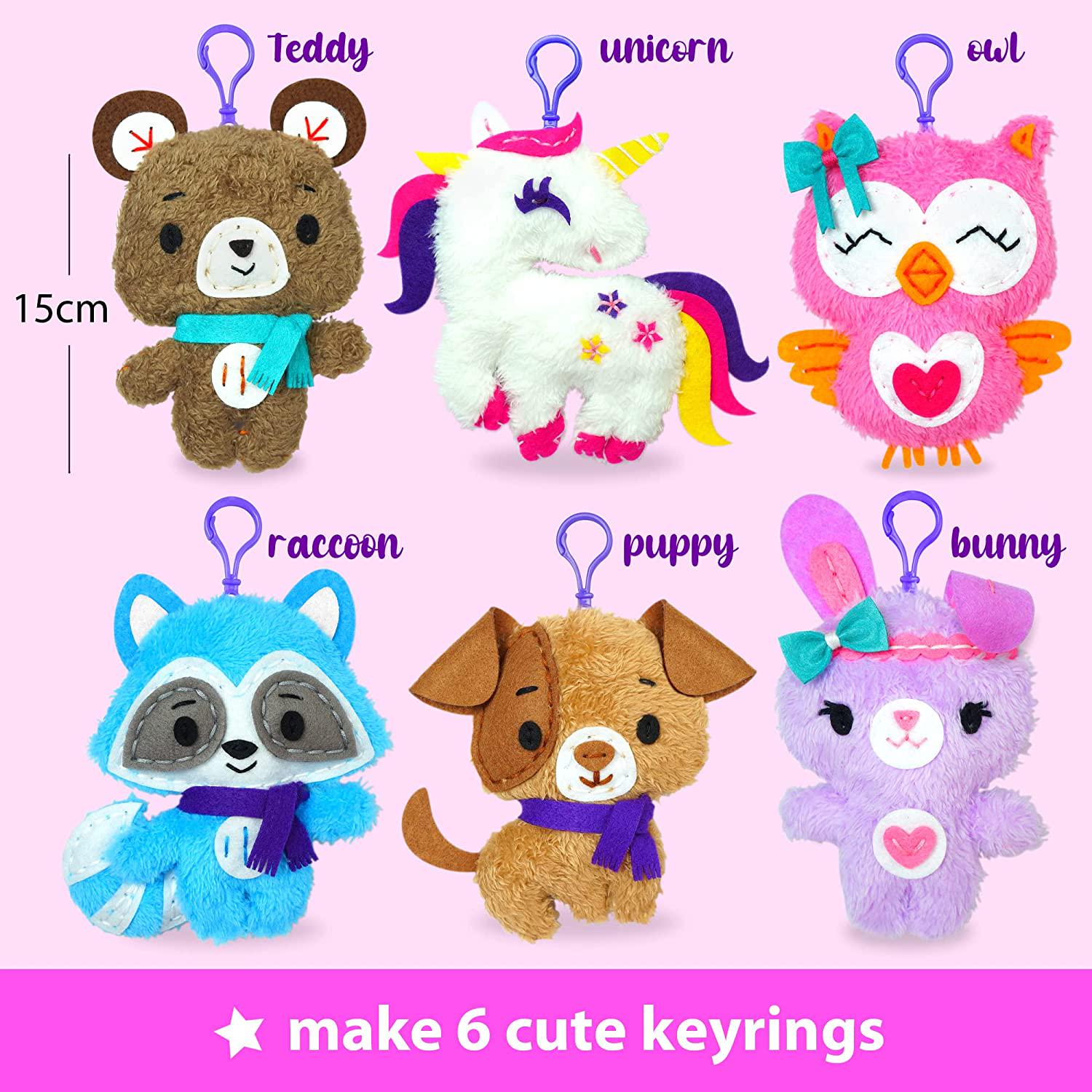 KRAFUN, KRAFUN Unicorn Sewing Keyring Kit for Kids Age 7 8 9 10 11 12 Learn Art and Craft, Includes 6 Stuffed Animal Bear, Dog, Rabbit, Raccoon, Owl Dolls, Instruction and Felt Materials