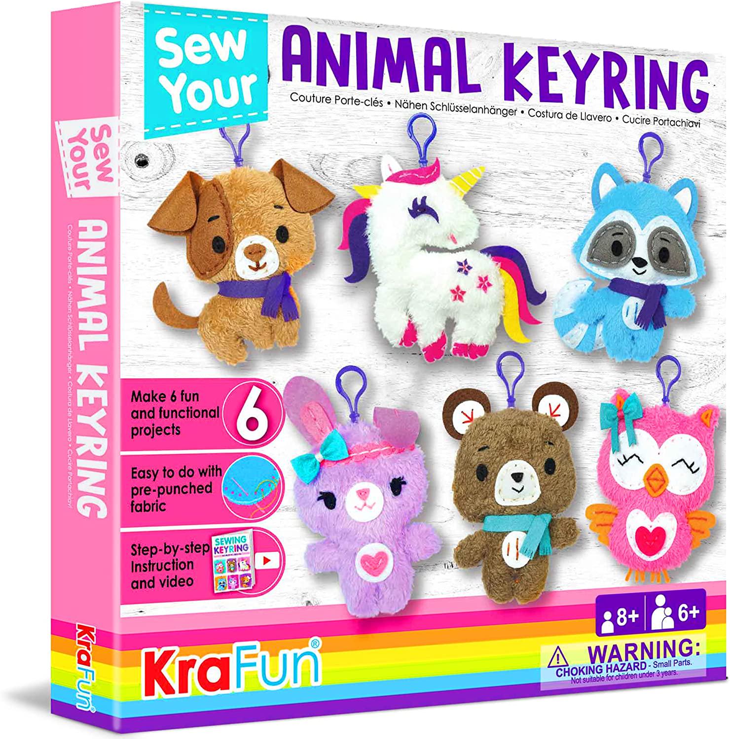 KRAFUN, KRAFUN Unicorn Sewing Keyring Kit for Kids Age 7 8 9 10 11 12 Learn Art and Craft, Includes 6 Stuffed Animal Bear, Dog, Rabbit, Raccoon, Owl Dolls, Instruction and Felt Materials