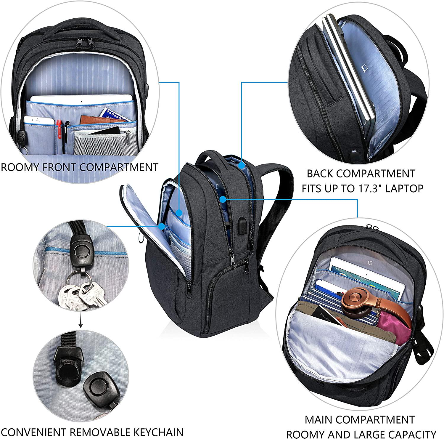 KROSER, KROSER Laptop Backpack 17.3 Inch Computer Backpack School Backpack Casual Daypack Water-Repellent Laptop Bag with USB Charging Port for Travel/Business/College/Women/Men-Charcoal Black