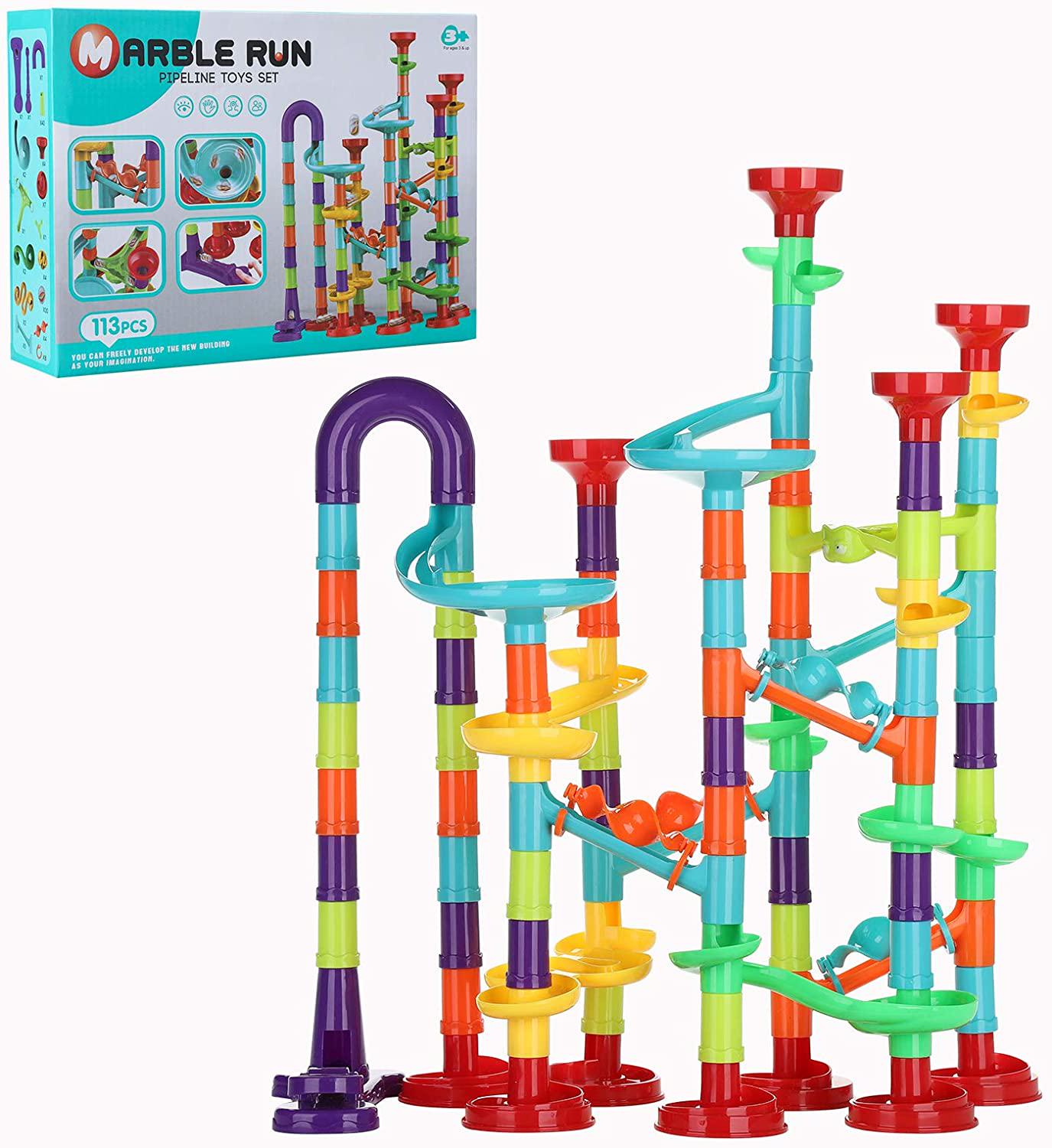KSDFJ, KSDFJ Marble Run Set for Kids 113pcs Marble Track Building Games 83 Marbulous Pieces 30 Glass Marble Colorful Marble Maze Race Track Construction Toys Learning Educational Fun for Boys 3+ Years Old