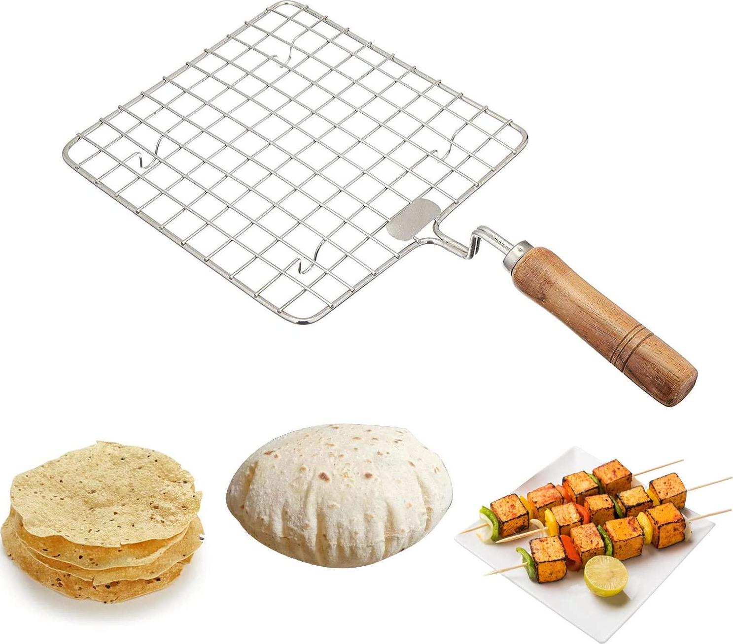 KSJONE, KSJONE Stainless Steel Multi-Functional Wire Steaming Cooling and Baking Barbecue Rack Square Wire Roaster Rack/Papad Jali/Roti Grill Square Shape with Wooden Handle