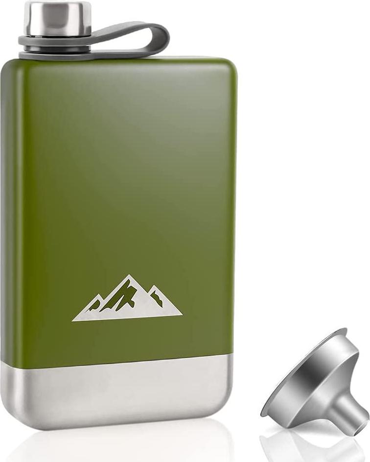KWANITHINK, KWANITHINK Flask for Men, Stainless Steel Camping Flask 8 oz with Funnel, Hip Flask Whiskey Flask with Integrated Steel Cap for Outdoor, Camping Hiking Climbing Exploration (Green)