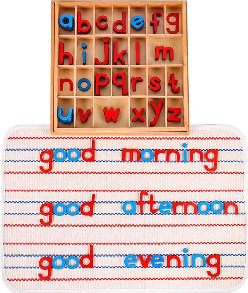 Kghios, Kghios Montessori Wood Small Movable Alphabet with Box and Large Mat Preschool Spelling Learning Language Materials Toys (Red and Blue)