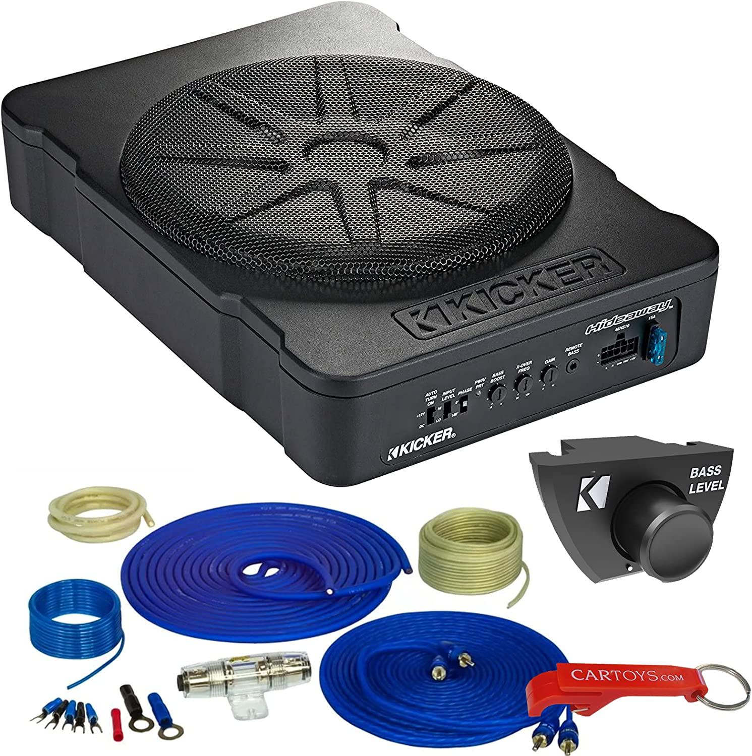 Kicker, Kicker 46HS10 Hideaway Powered 10-Inch Amplified Subwoofer and 8 Ga. Amp Kit Bundle. Compact Amplified 10 Car Audio Sub, 180 Watt RMS, Wired Bass Knob w/Cable and Full Copper Stinger Amp Kit Included