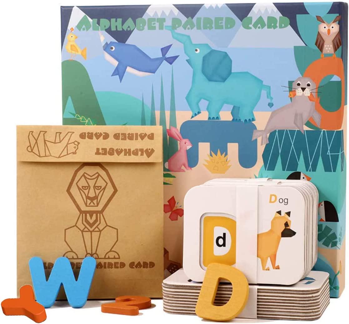 U/K, Kid Alphabet Number Animal Matching Flash Cards Set with ABC Wooden Block Preschool Learning Game Montessori Animal Learning Toys Wooden Matching Puzzle See and Spell Flash Card for Toddler 46 pcs