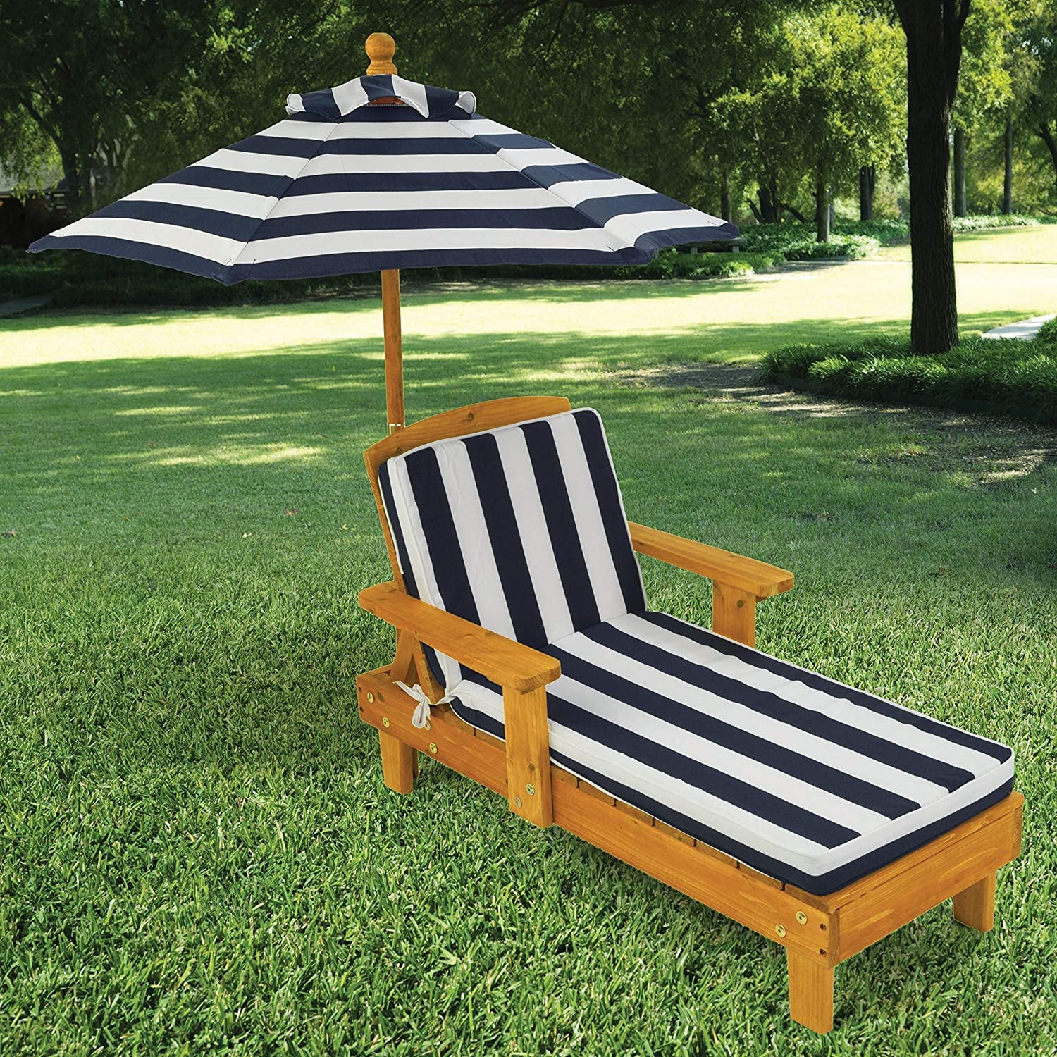 For Kids Only, Inc., Kidkraft Outdoor Chaise with Umbrella and Navy Stripe Cushion
