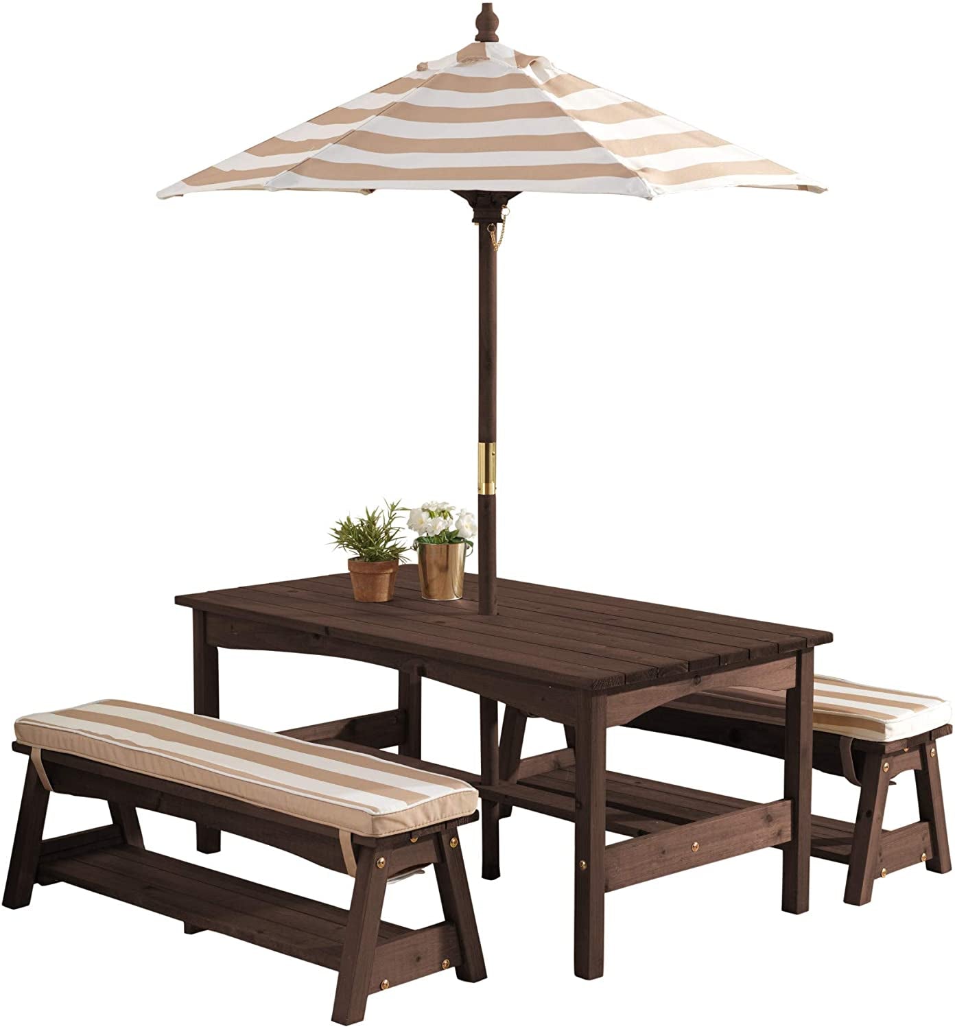 KidKraft, Kidkraft Outdoor Table & Bench Set with Cushions & Umbrella - Navy & White Stripes, Natural, 1 Cm