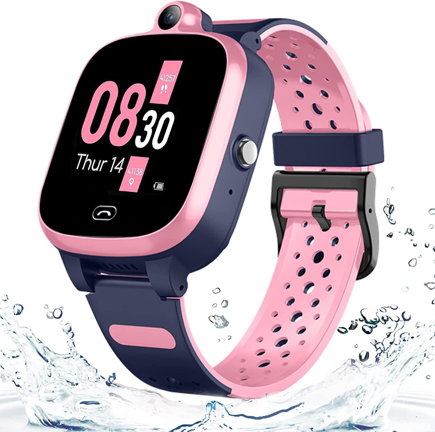 TOPUSER, Kids 4G GPS Smart Watch, Waterproof Phone Smartwatch, TOPUSER Video Phone Call Real-time Tracking Camera SOS Alarm Geo-Fence Touch Screen Pedometer Anti-Lost GPS Tracker Watch for Birthday Gift(Pink)
