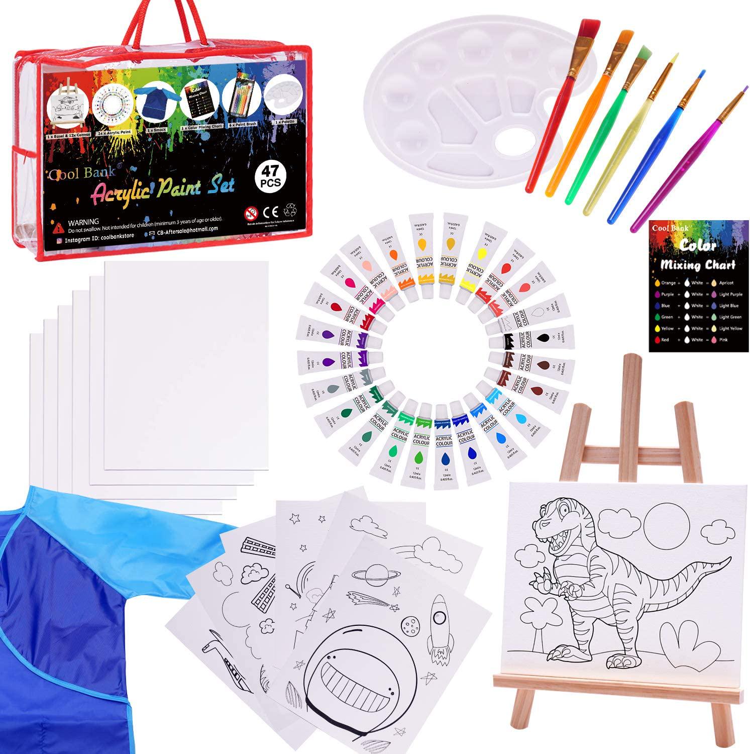 COOL BANK, Kids Acrylic Paint Set - 47 Piece Kids Art Set with 6 Paint Brushes 8x10 Painting Canvas Tabletop Easel