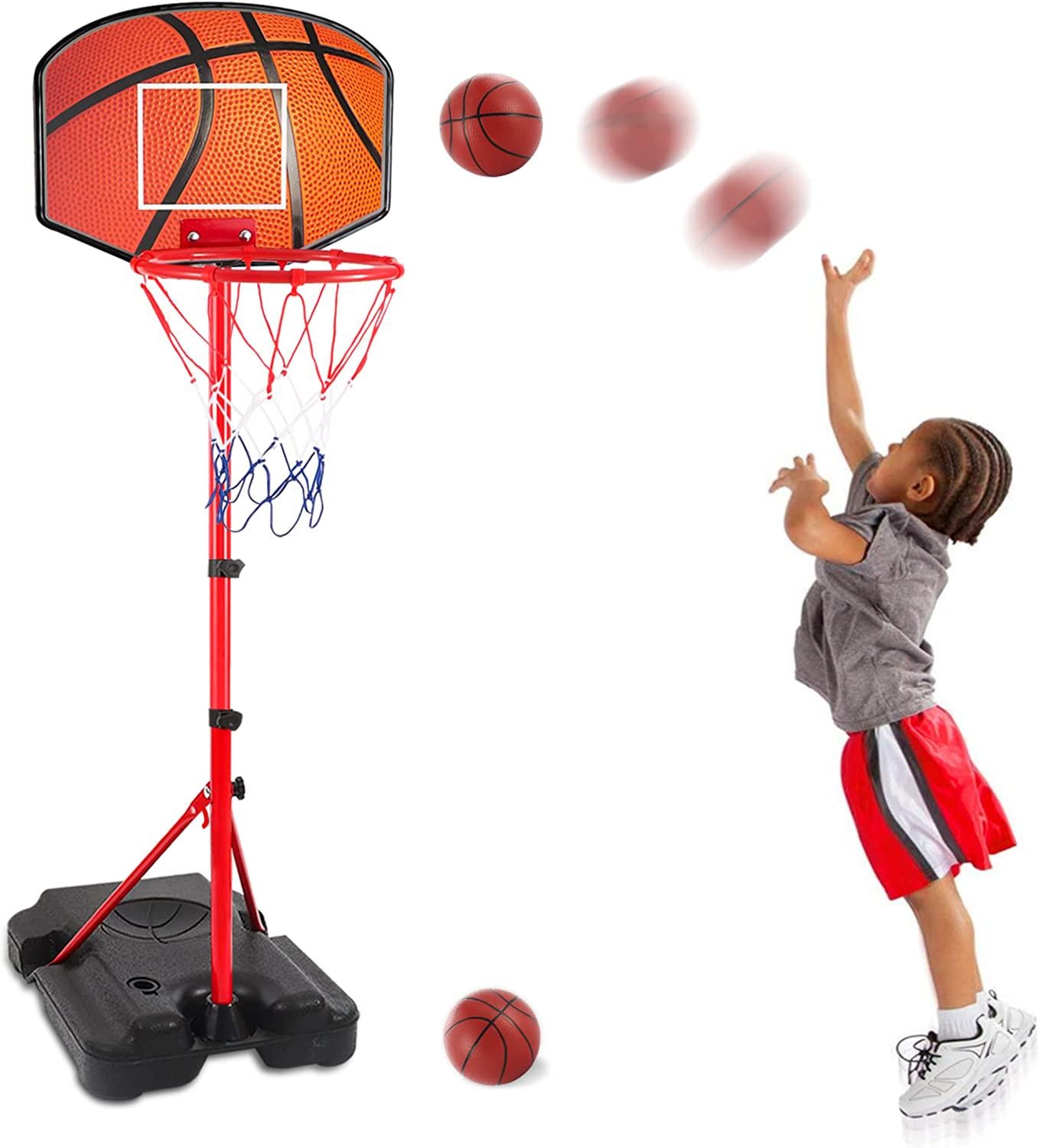 Hieoby, Kids Basketball Hoop for 1 2 3 4 5 6 Year Old Stand Adjustable Height 3.5ft-5.5ft Toddler Boy Basketball Hoop Indoor Mini Basketball Hoops Goal Ball Games Toys for Girl Boy Age 1-3 2-4 3-5
