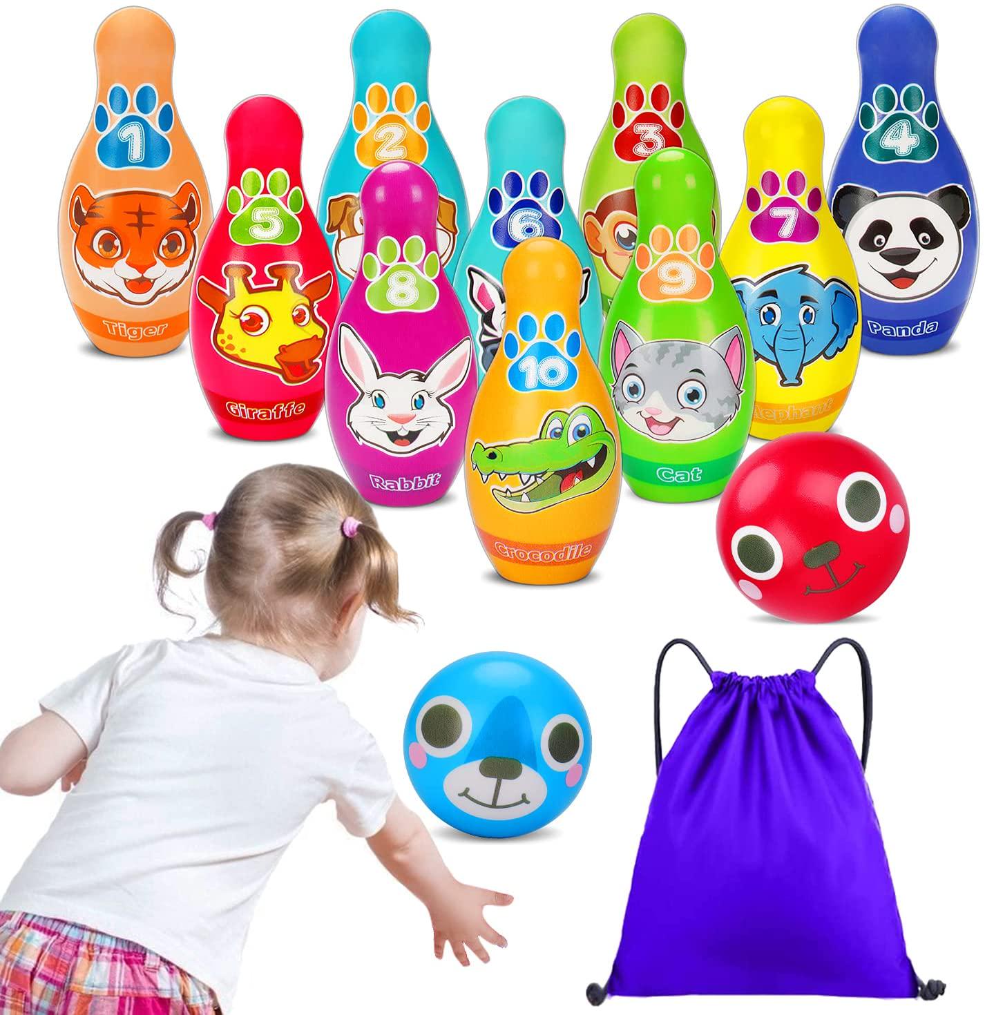 Tsomtto, Kids Bowling Set Toddler Toys for 1 2 3 4 5 Year Old Boys Girls Gifts Soft Foam Bowling Pins with Storage Bag Learning Activities Number 1-10 Cute Animals Indoor Outdoor Games Outside Toys Age 1-3 2-4