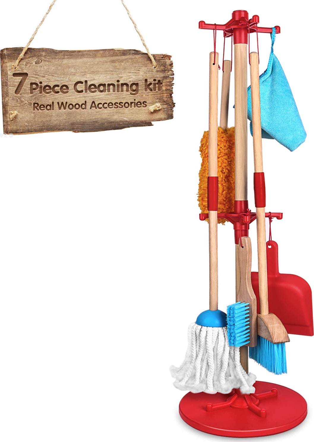 AOKESI, Kids Cleaning Set 7 Piece - Wooden Detachable Toy Cleaning Set Includes Kid-Sized with Housekeeping Broom, Mop, Duster, Dustpan, Brush, Rag, and Organizing Stand for Toy Kitchen Toddler Cleaning Set