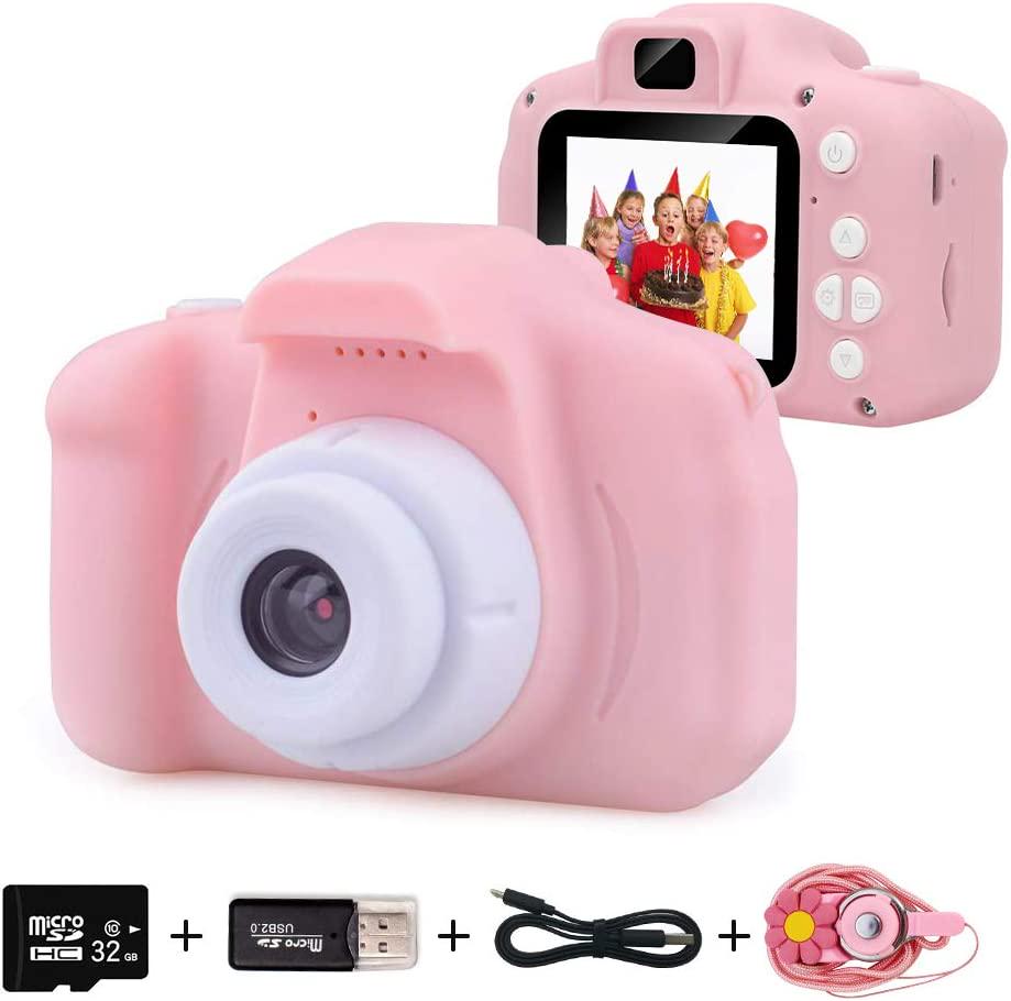 EMISK, Kids Digital Camera for Boy Girls Age 3-10, Toddler Cameras Mini Cartoon Rechargeable Video Camera with 2 Inch IPS Screen and 32GB SD Card Child Camcorder Toy Kid s Birthday