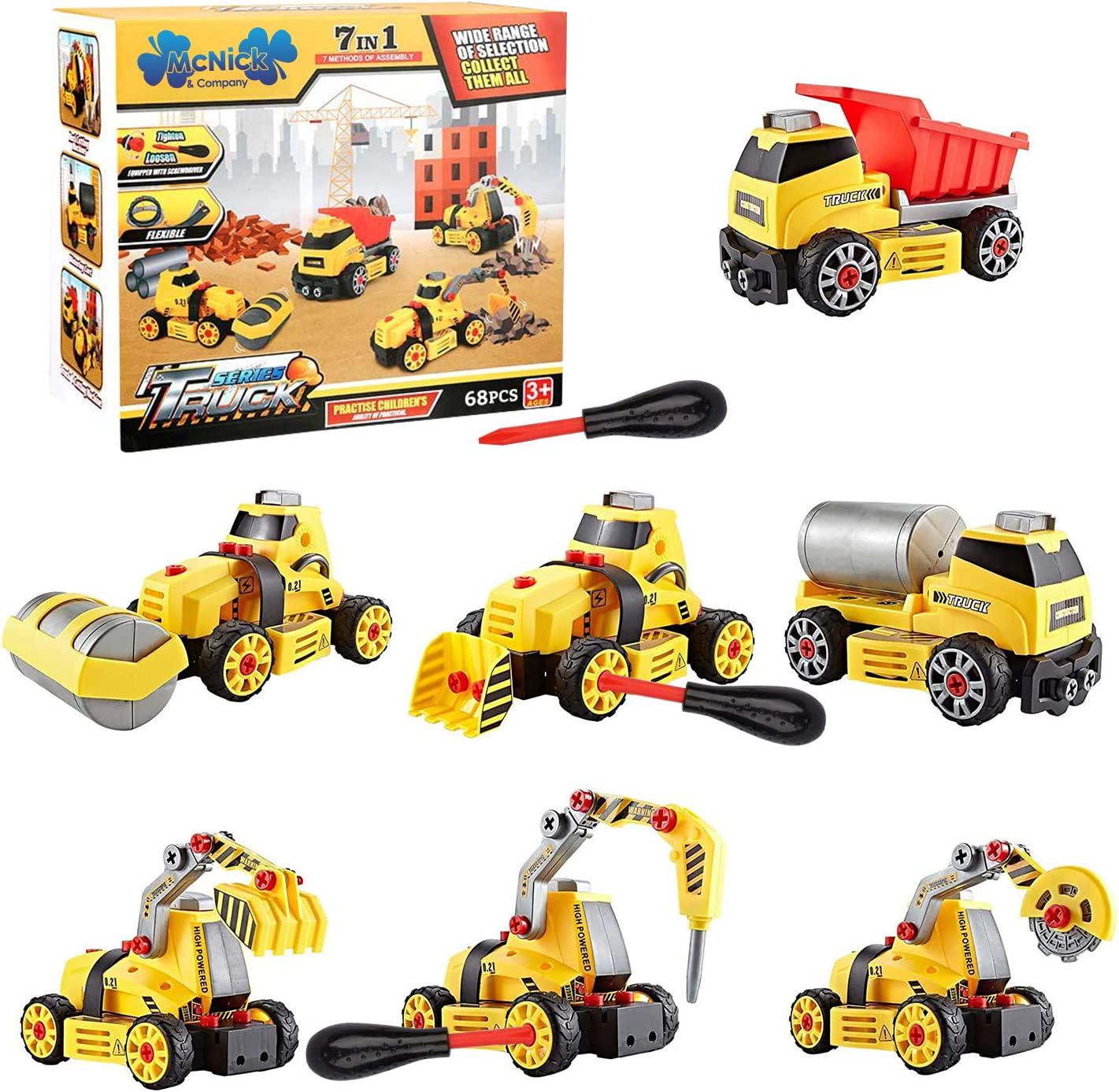 MCNICK & COMPANY, Kids Educational Building Learning Engineering Construction Toys Set - Front Loader, Excavator, Dump Truck