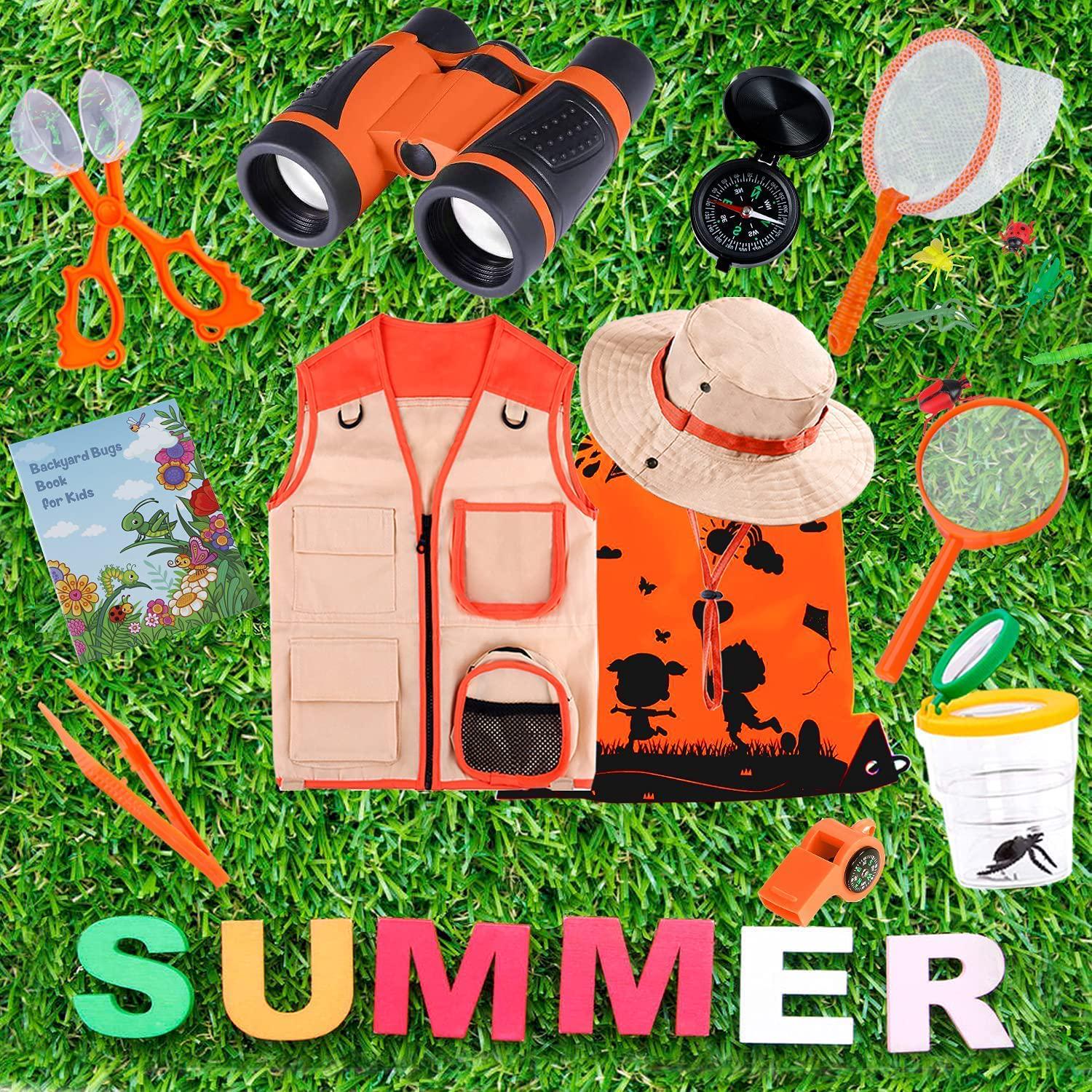 TEPSMIGO, Kids Explorer Kit, 11 Pcs Outdoor Exploration Kit with Binoculars, Costume Vest, Safari Hat, Bag, Hand-Crank Flashlight, Magnifying Glass and Whistle, Camping, Educational Toy Gift for Boys and Girls
