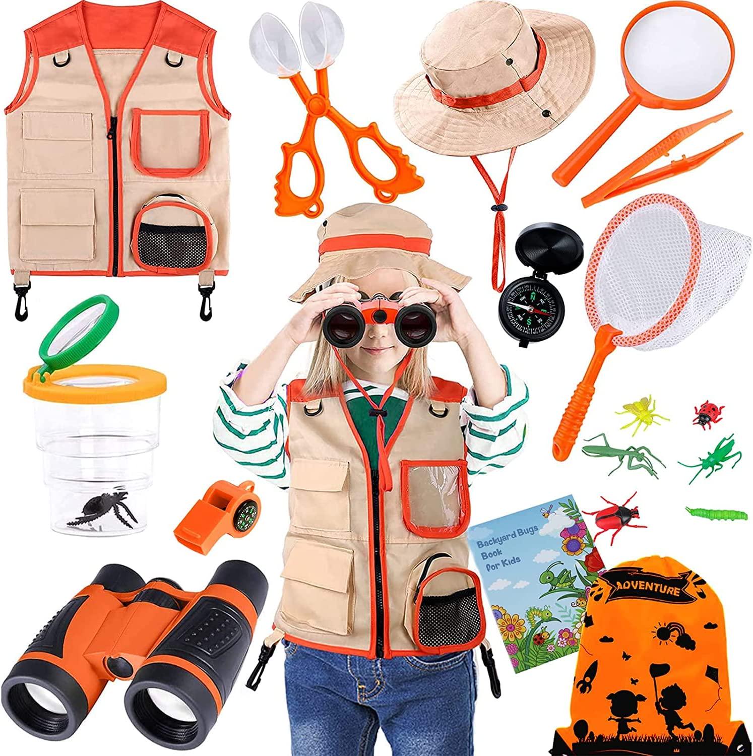 TEPSMIGO, Kids Explorer Kit, 11 Pcs Outdoor Exploration Kit with Binoculars, Costume Vest, Safari Hat, Bag, Hand-Crank Flashlight, Magnifying Glass and Whistle, Camping, Educational Toy Gift for Boys and Girls