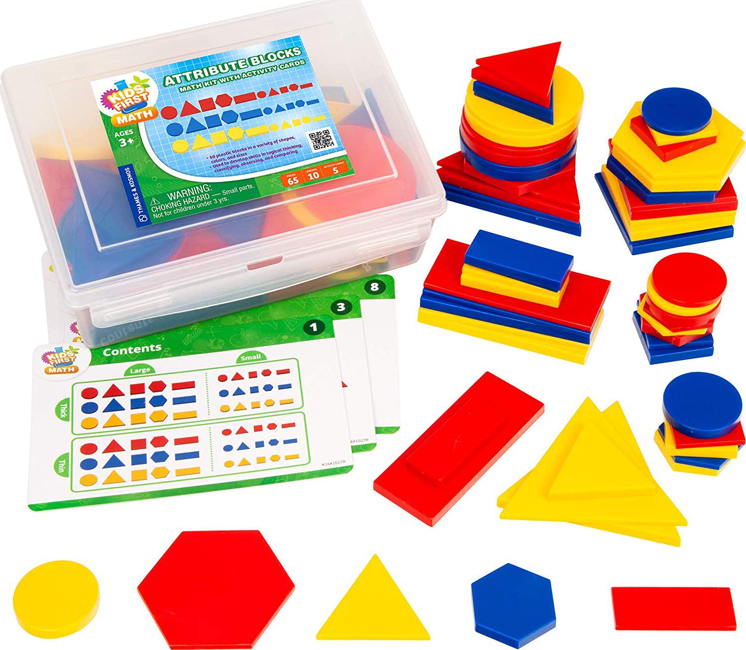 THAMES & KOSMOS, Kids First Math: Attribute Blocks Math Kit with Activity Cards | Develop Skills in Logical Thinking, Classifying, Comparing | Visual Hands-on Math for at-Home or Classroom Learning, Ages 3+