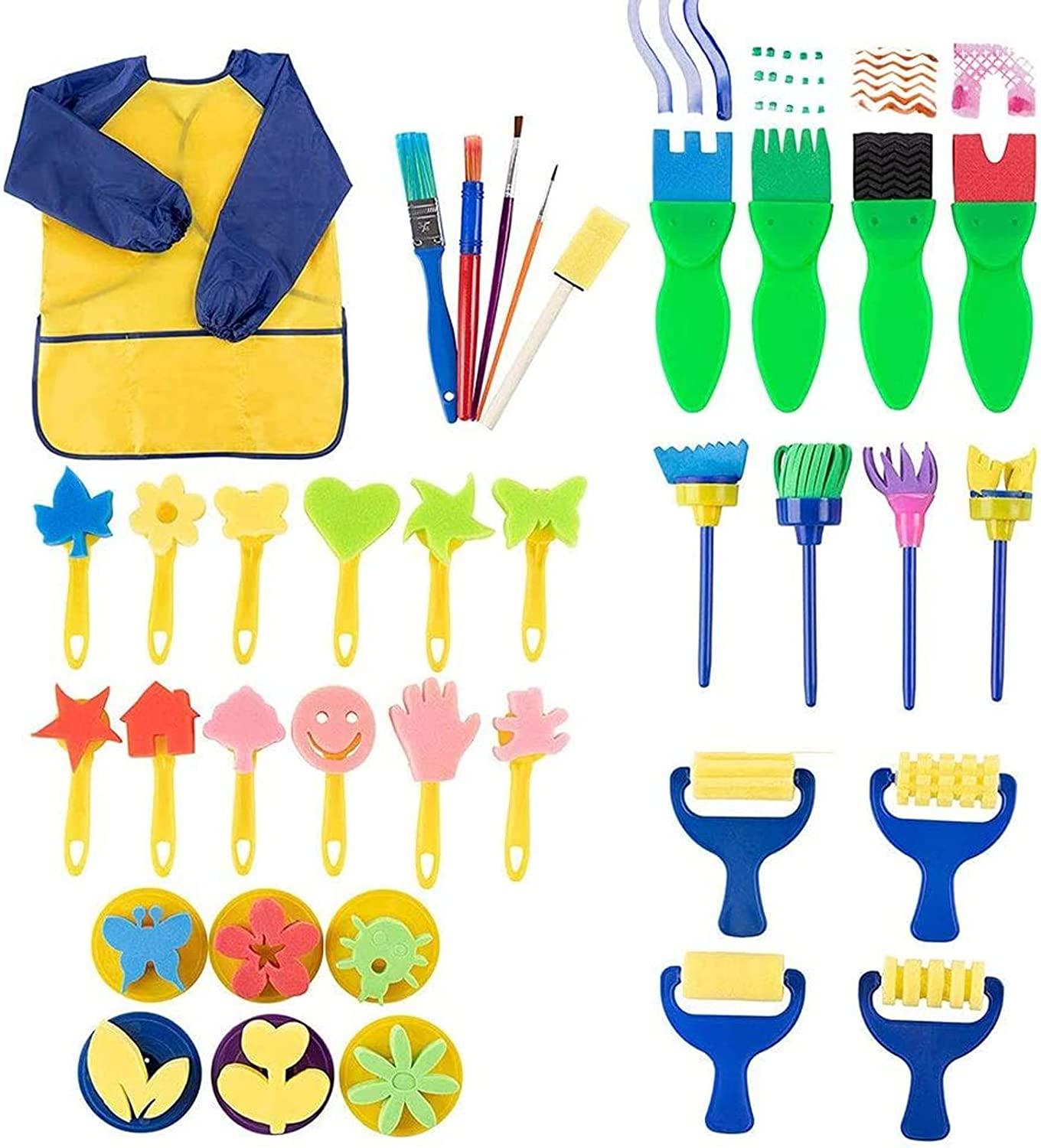 Imagine Studios, Kids Paint Set - 36-Piece Paint Sponge, Paint Brush, Foam Brayer and Artist Apron, for Kids Toddler Art Craft DIY Project, Learning Drawing Supplies, Painting Tools, Assorted Designs