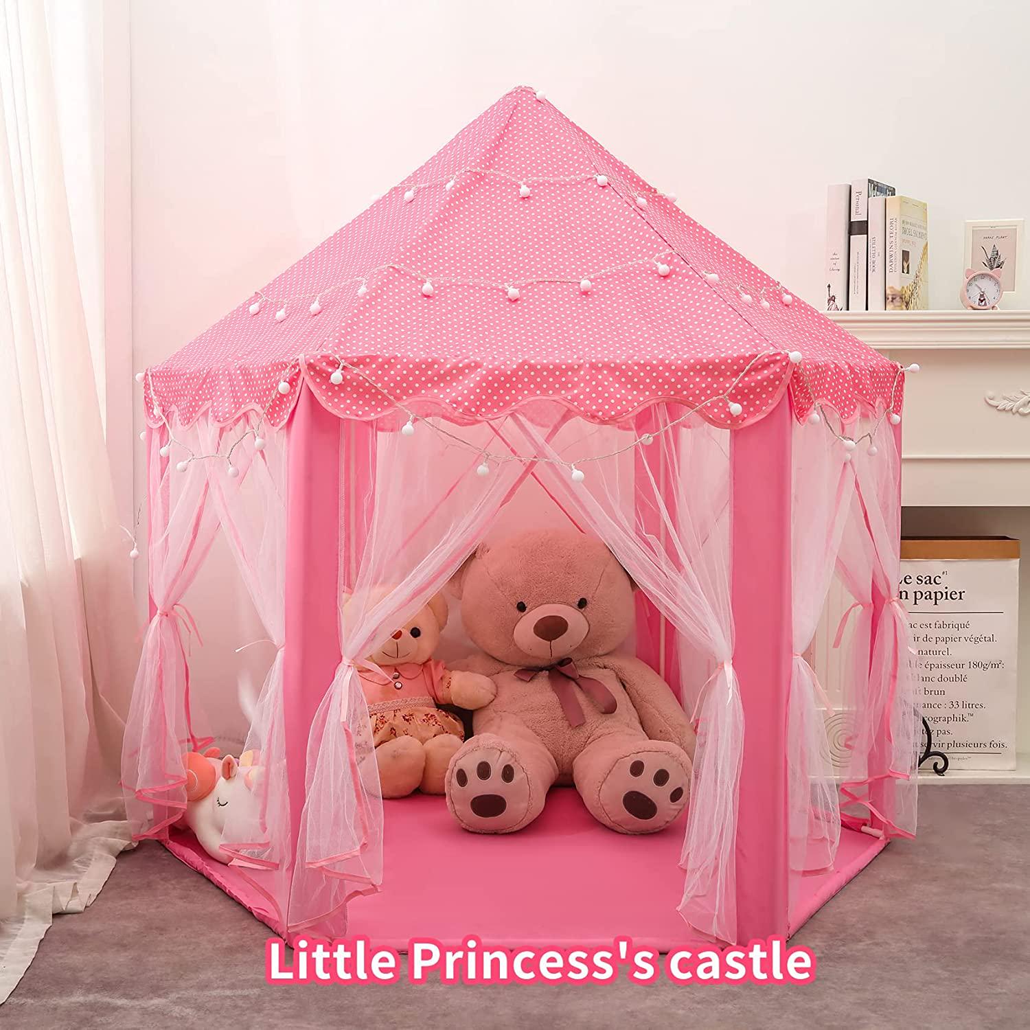 Dmqsfig, Kids Princess Tent Playhouse Girls Toys Gifts Children Castle with 33ft Colorful Ball LED Lights Indoor Outdoor Games