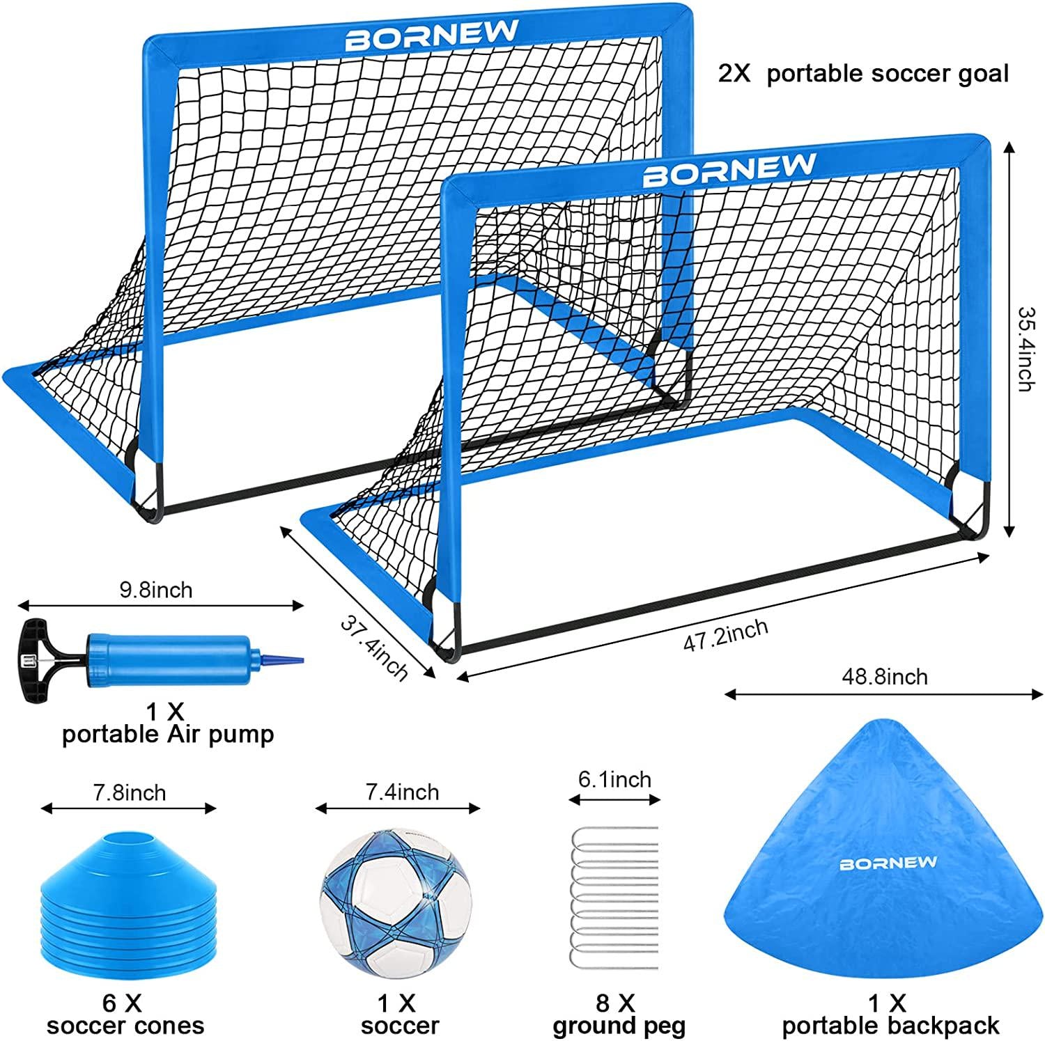 BORNEW, Kids Soccer Goal for Backyard Set - 2 Toddler Soccer Nets Training Equipment, Soccer Ball, Pop Up Portable Soccer Set for Kids and Youth Games and Training Goals - Size 4' x 3'