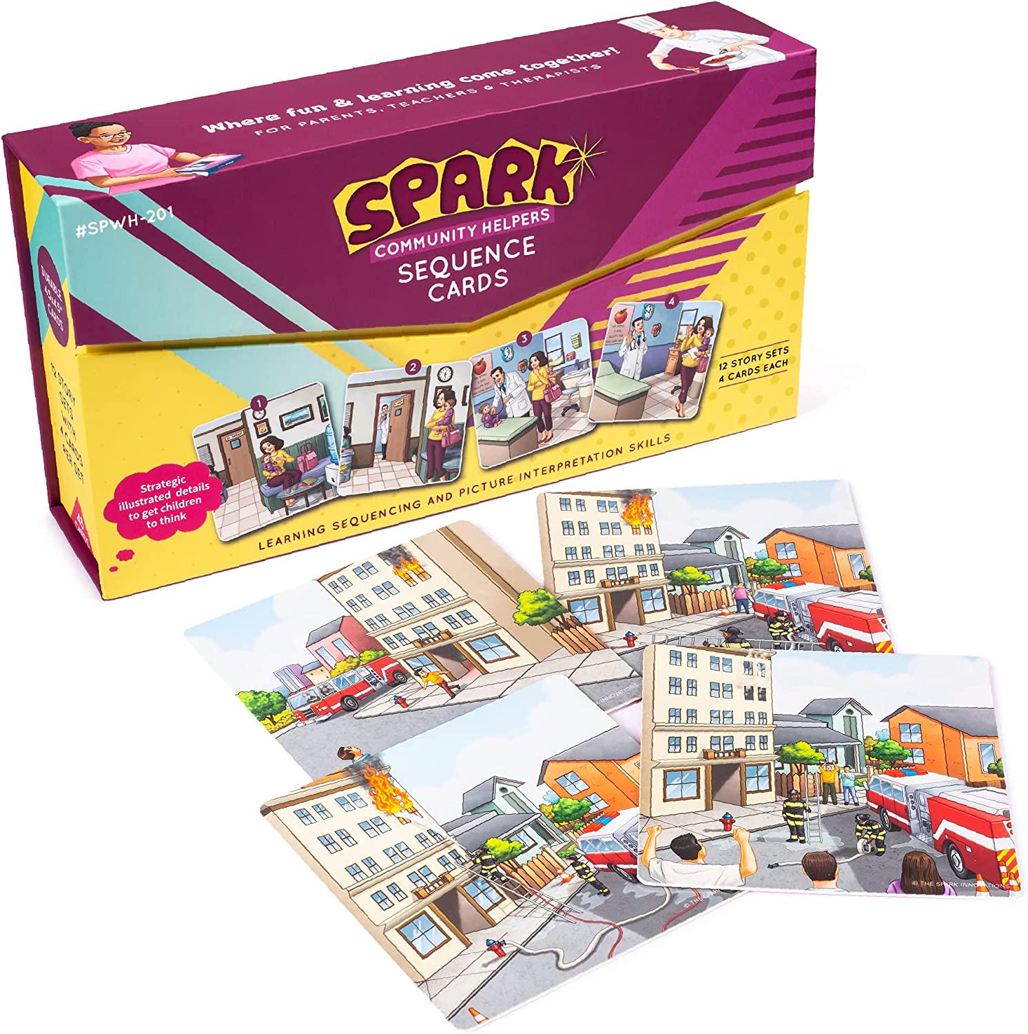 SPARK INNOVATIONS, Kids Story Cards Sequence Game - Set of 48 Large Storytelling and Sequencing Cards. Community Helper 12 Stories for Sentence Building and Language Development - Educational Picture Card Games, Ages 4+