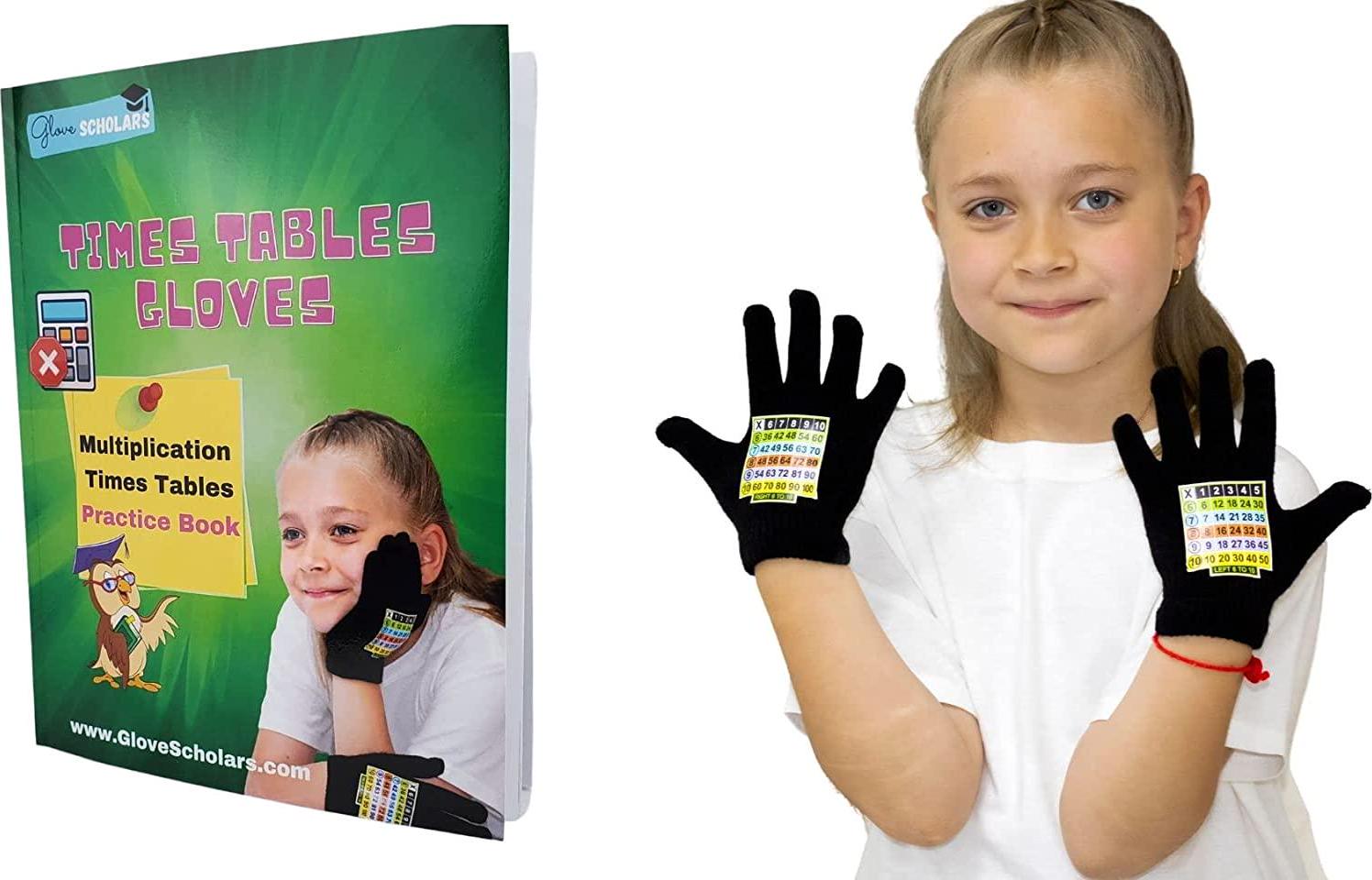 Glove Scholars, Kids Times Tables Tricot mesh Black Gloves (Cool Temperature) (6 to 9 Years) + Multiplication Practice Book